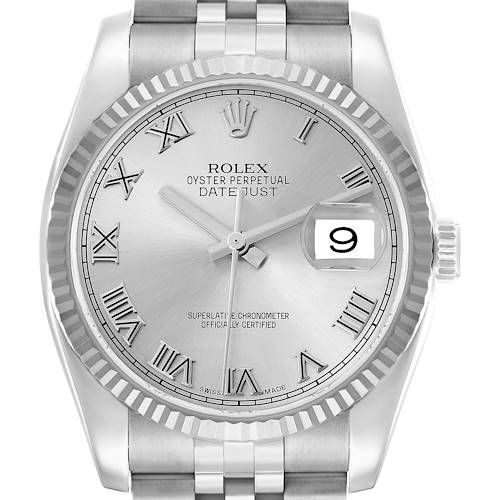The image shows a frontal view of the Rolex Datejust 116234 Men's Stainless Steel Silver Dial, displaying its dial, Roman numerals, hands, bezel, and date window.