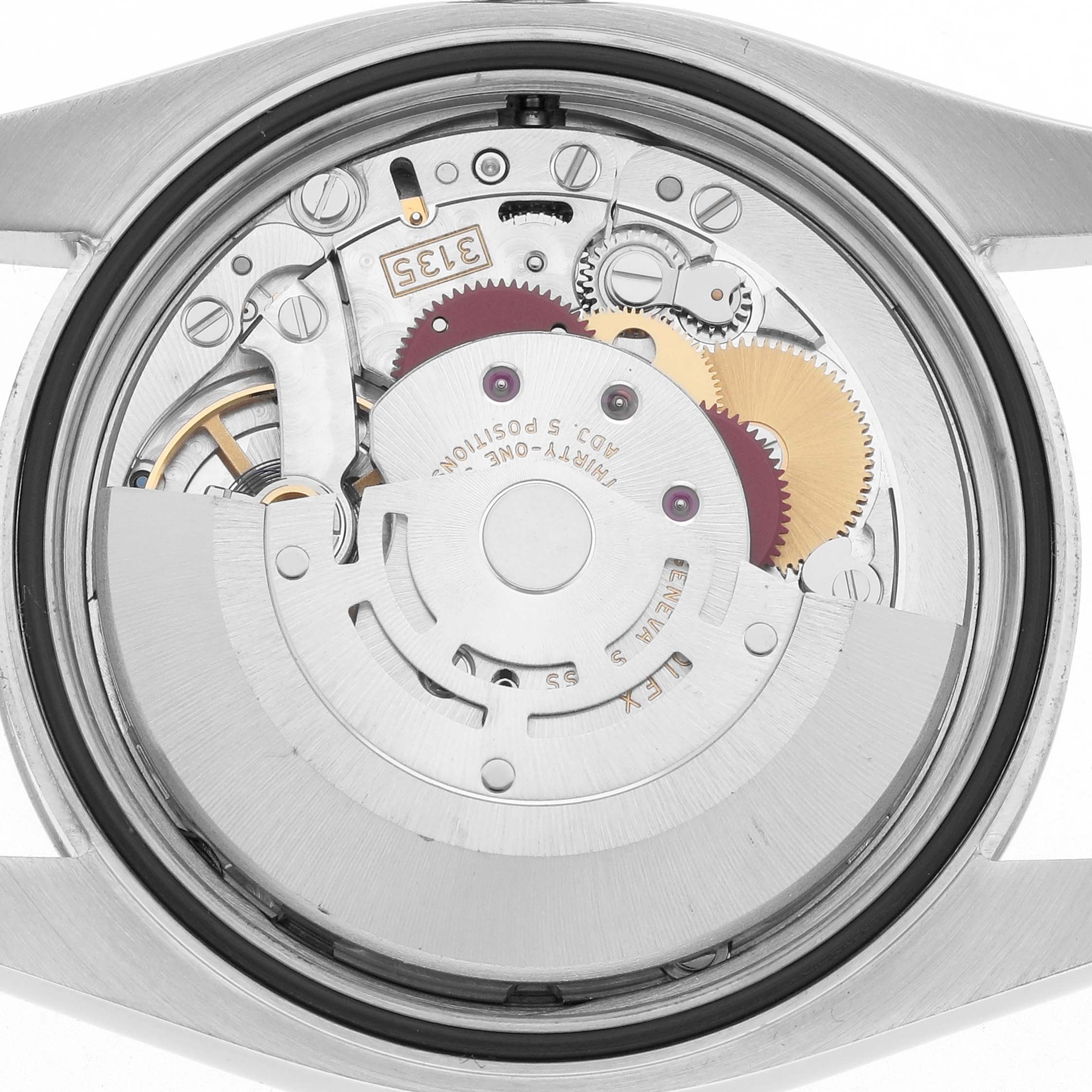 The image shows the movement and inner mechanism of a Rolex Datejust 116234 Men
s Stainless Steel Silver Dial watch from a back view without the case back.