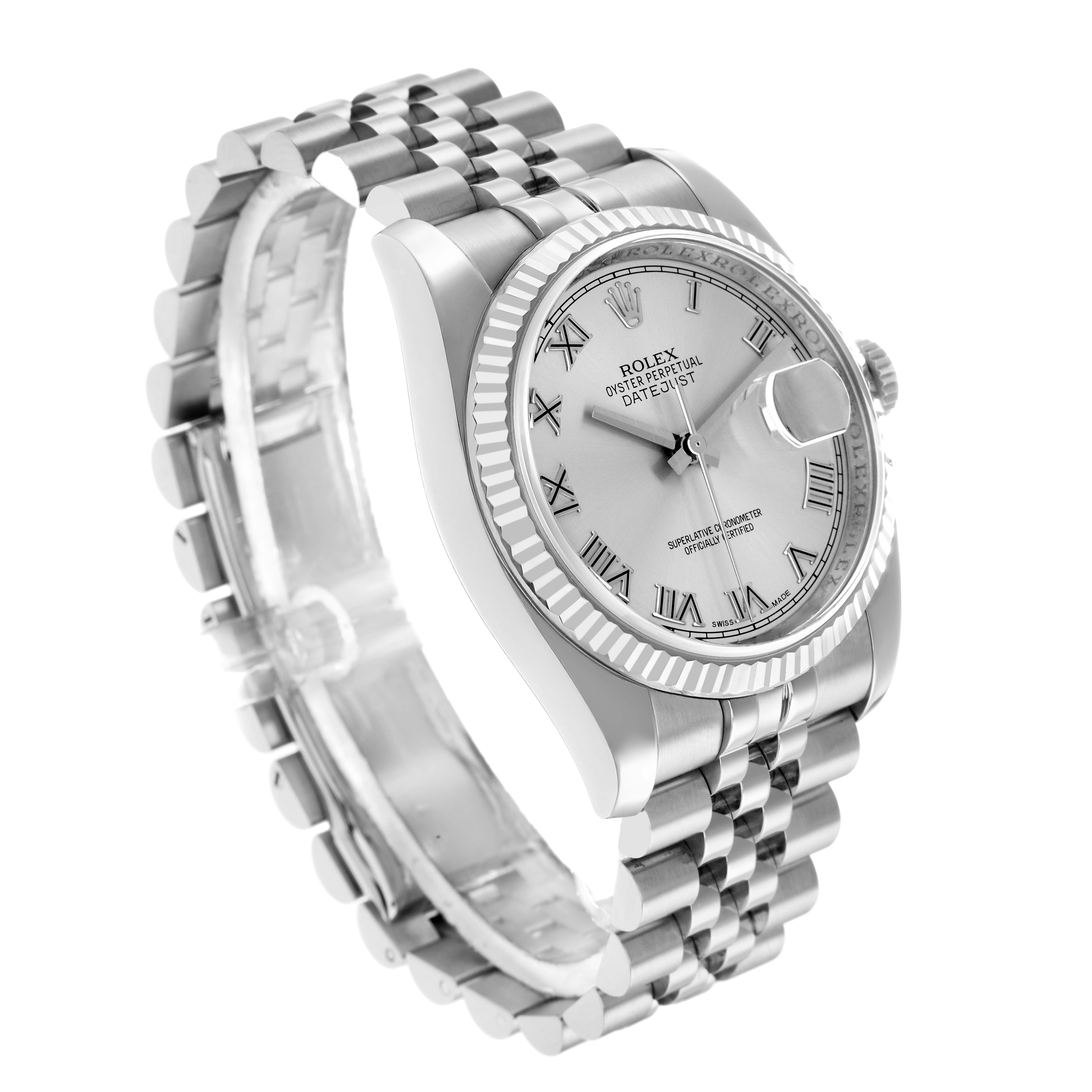 The Rolex Datejust 116234 Men
s Stainless Steel Silver Dial is shown at a three-quarter angle, highlighting the dial, bezel, and bracelet.