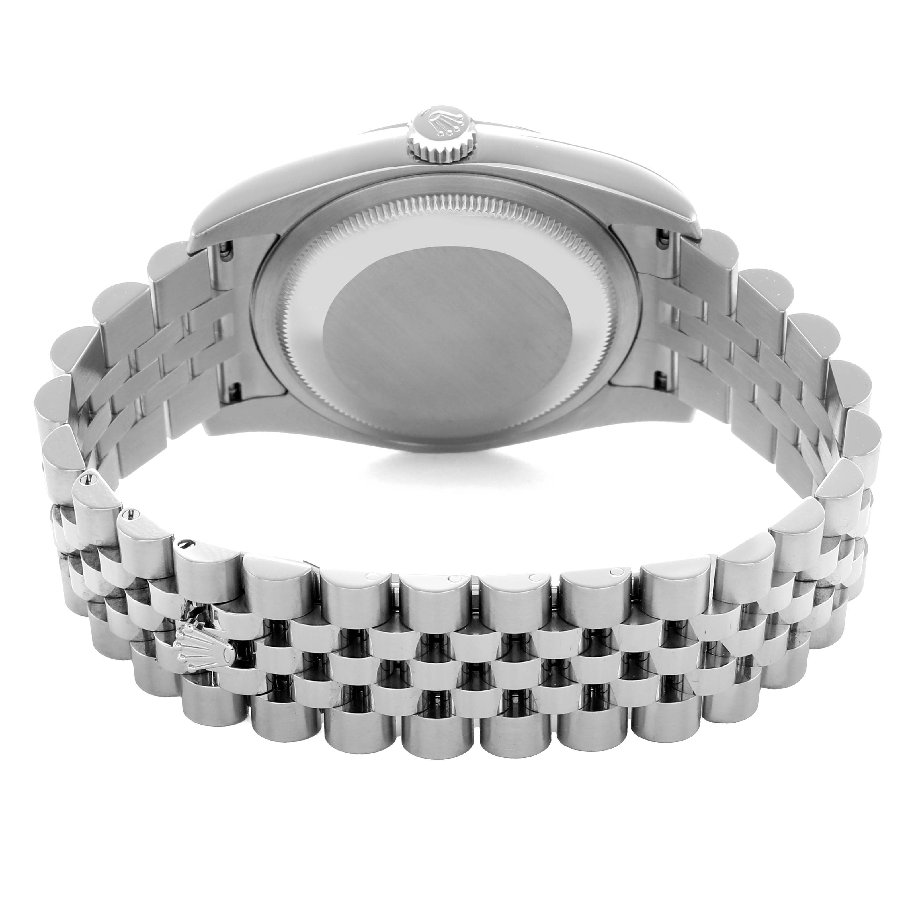 The image shows the back view of a Rolex Datejust 116234 Men
s Stainless Steel Silver Dial watch, highlighting its case back, winding crown, and Jubilee bracelet.