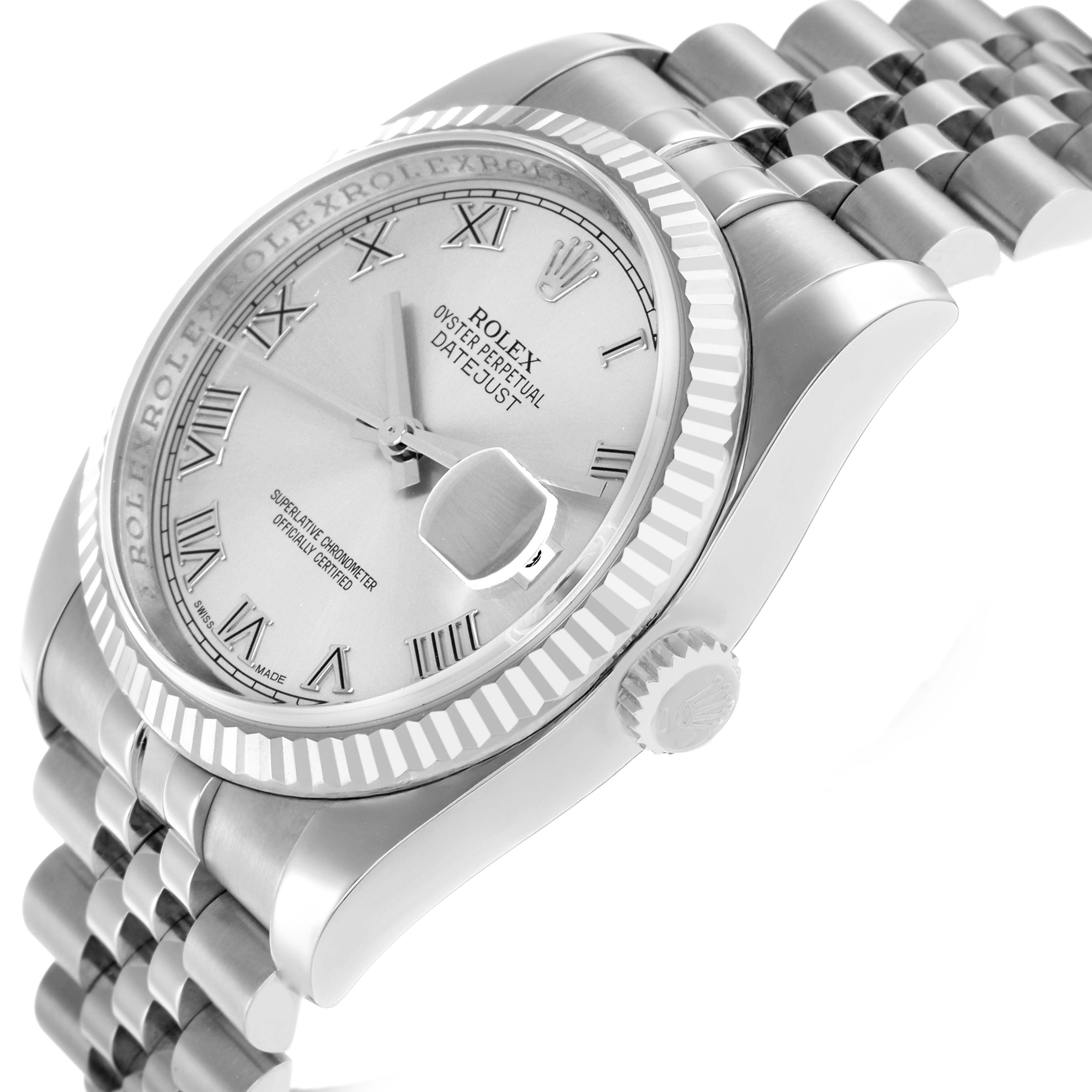 The Rolex Datejust 116234 Men
s Stainless Steel Silver Dial watch is shown at a tilted angle, highlighting the bezel, crown, dial, and part of the bracelet.