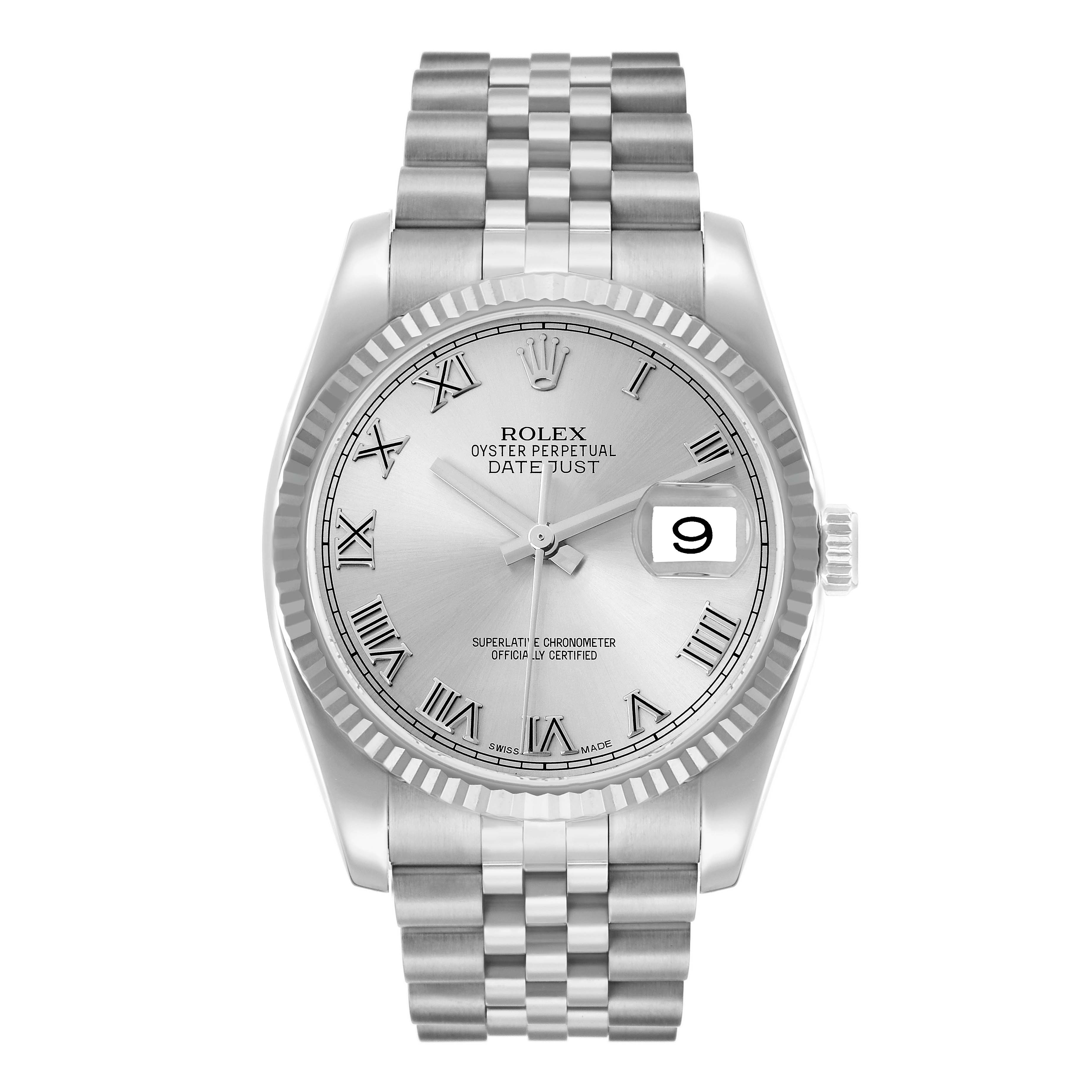 The Rolex Datejust 116234 Men
s Stainless Steel Silver Dial watch is shown from a front angle, highlighting its face, bezel, and bracelet.