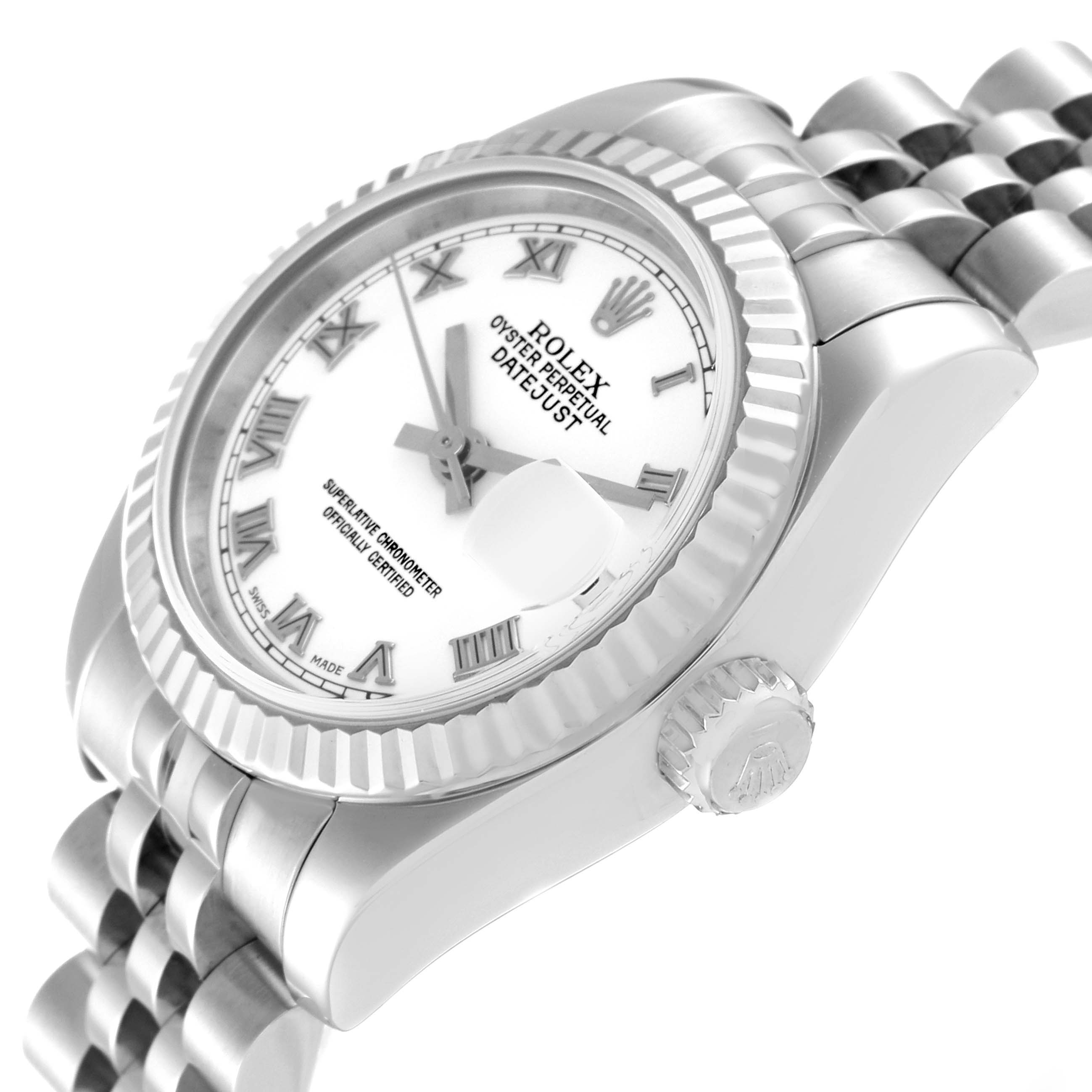 The image shows a close-up angled view of the Rolex Datejust 179174 Women's Stainless Steel White Dial 179174 Women's Stainless Steel White Dial, highlighting the bezel, white dial, and part of the bracelet.