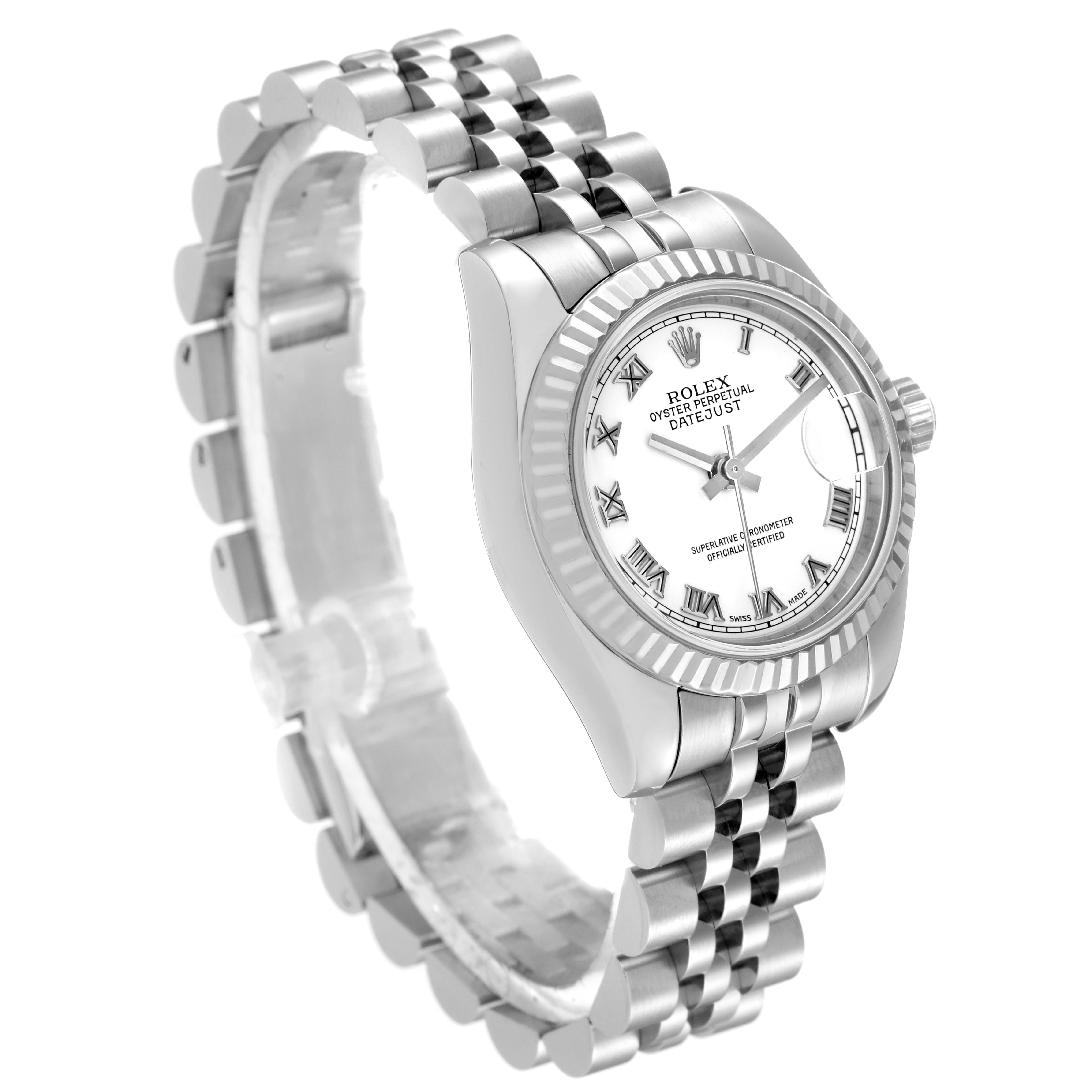 This image shows a side and partial front angle of the Rolex Datejust 179174 Women's Stainless Steel White Dial 179174 Women's Stainless Steel White Dial watch, highlighting the stainless steel bracelet and fluted bezel.