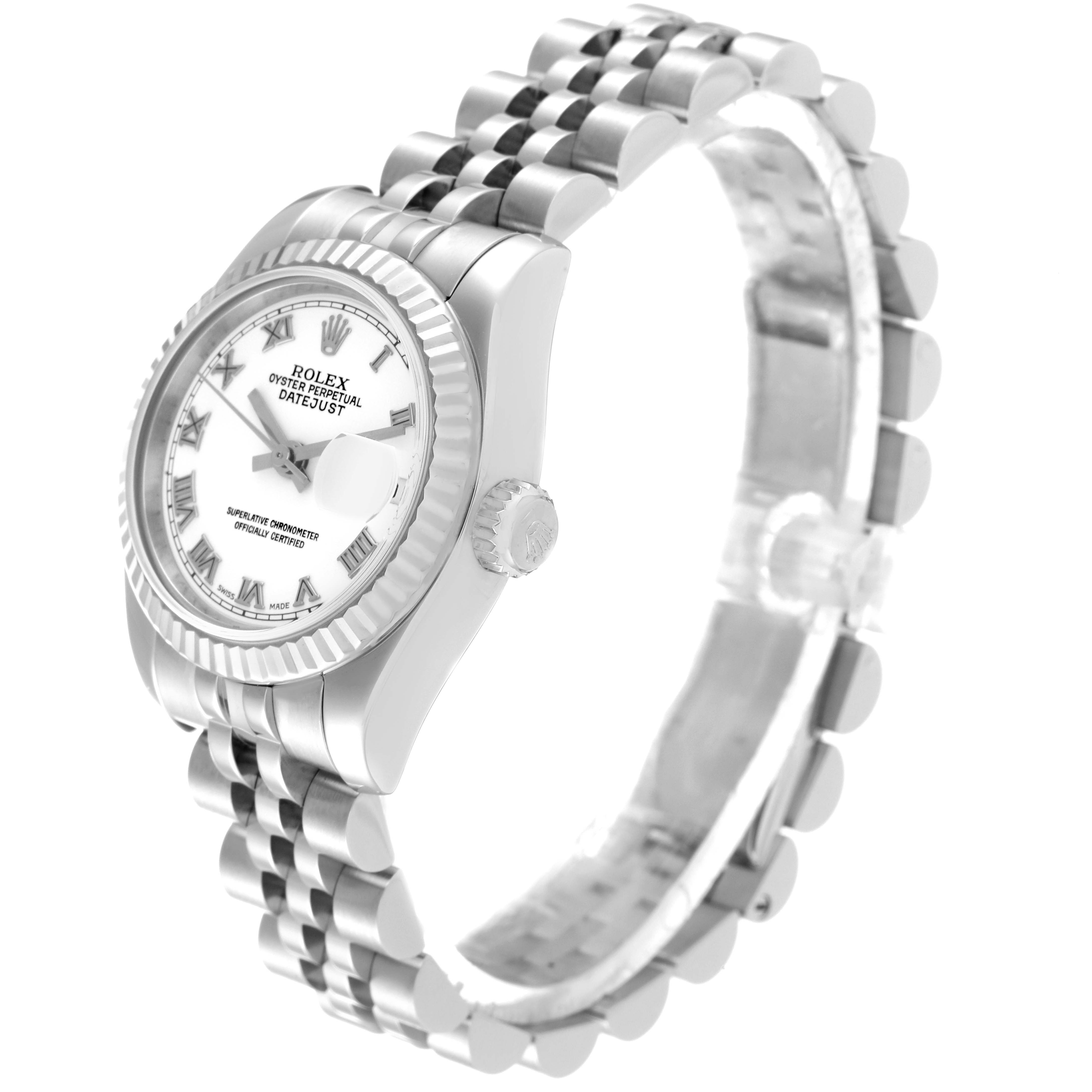 The Rolex Datejust 179174 Women's Stainless Steel White Dial 179174 Women's Stainless Steel White Dial watch is shown at a 3/4 angle highlighting the face, bezel, crown, and bracelet.
