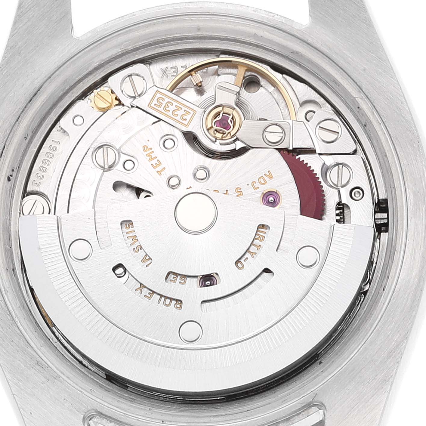 This image shows a close-up of the movement and inner mechanism of a Rolex Datejust 179174 Women's Stainless Steel White Dial 179174 Women's Stainless Steel White Dial watch.