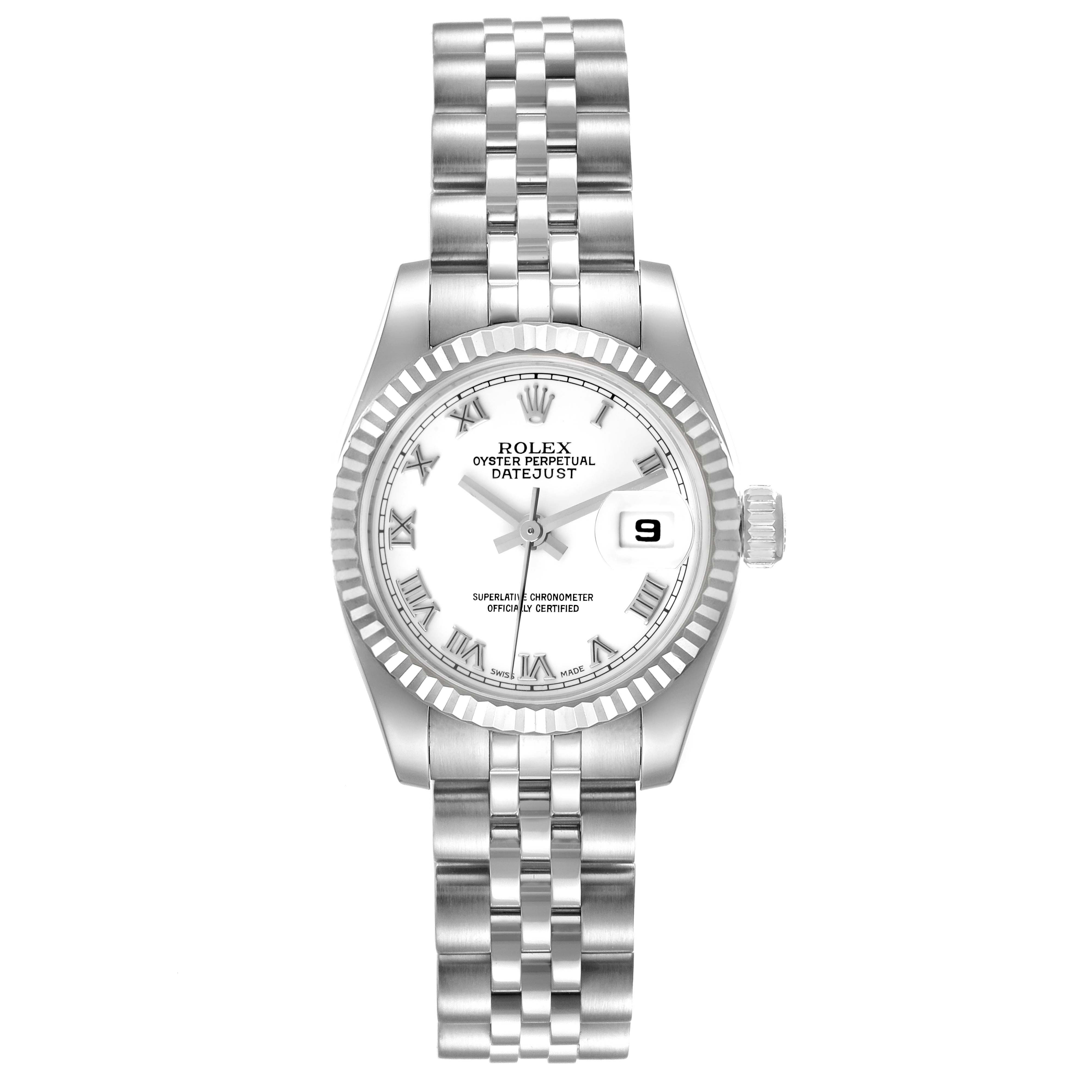The image shows a front view of a Rolex Datejust 179174 Women's Stainless Steel White Dial 179174 Women's Stainless Steel White Dial watch, displaying the dial, bezel, and bracelet.