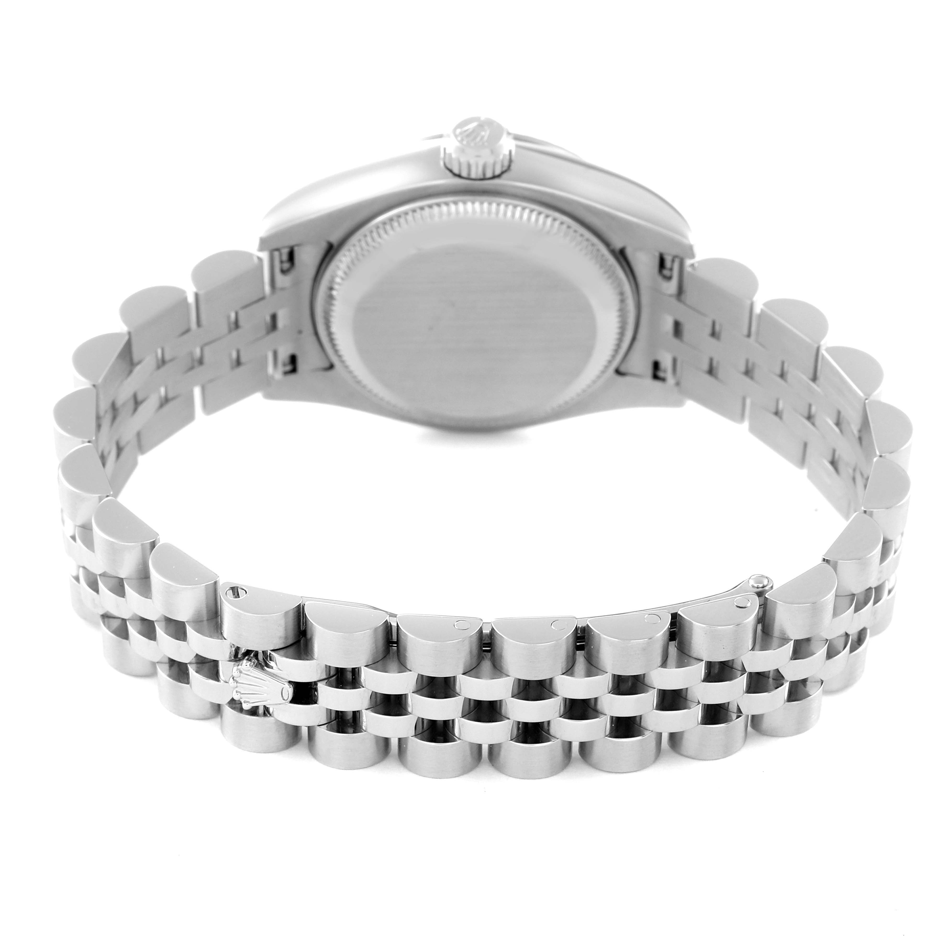 The image shows the back view of a Rolex Datejust 179174 Women's Stainless Steel White Dial 179174 Women's Stainless Steel White Dial watch, highlighting the case back and Jubilee bracelet.
