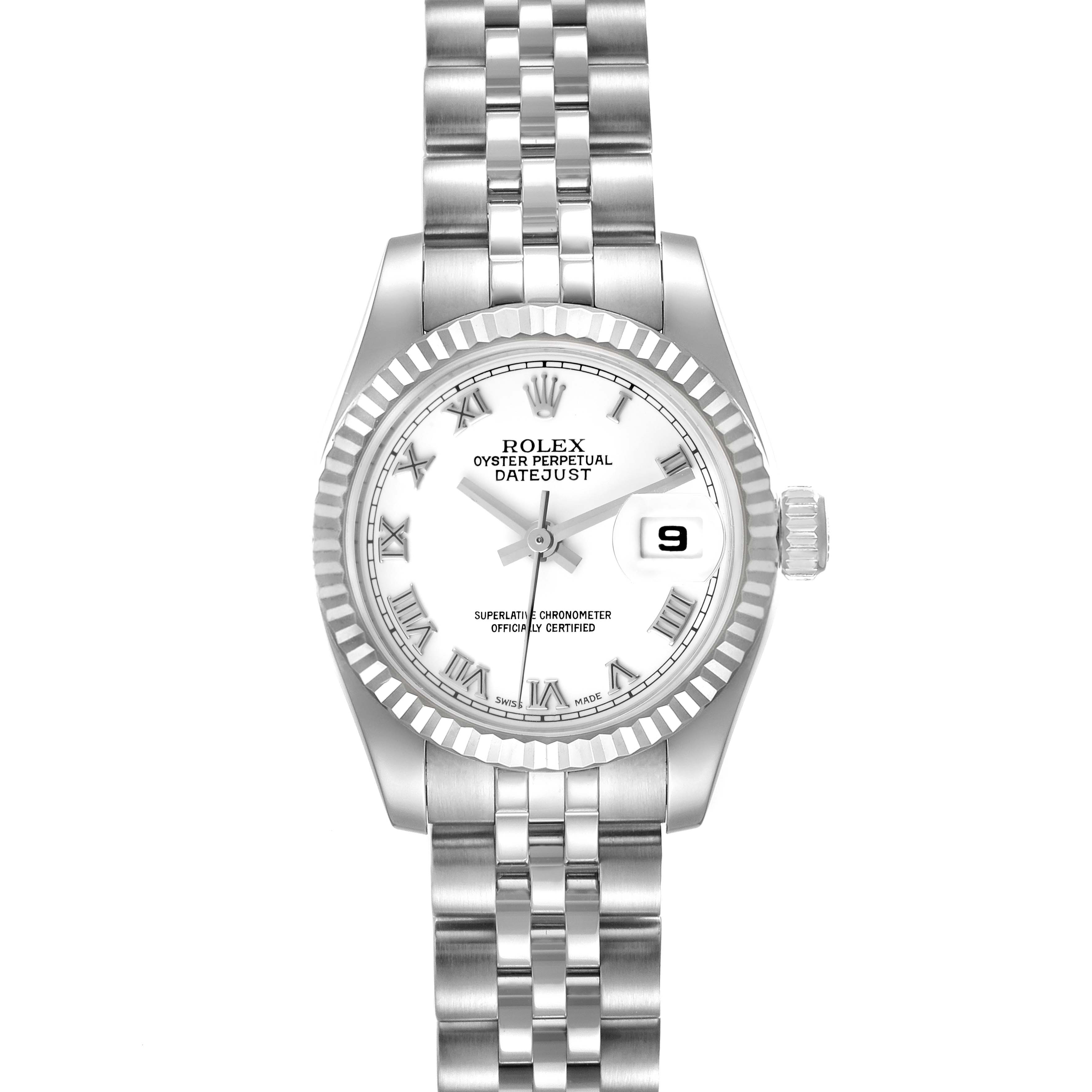 The image shows a front view of a Rolex Datejust 179174 Women's Stainless Steel White Dial 179174 Women's Stainless Steel White Dial watch featuring its dial, bezel, crown, and bracelet.