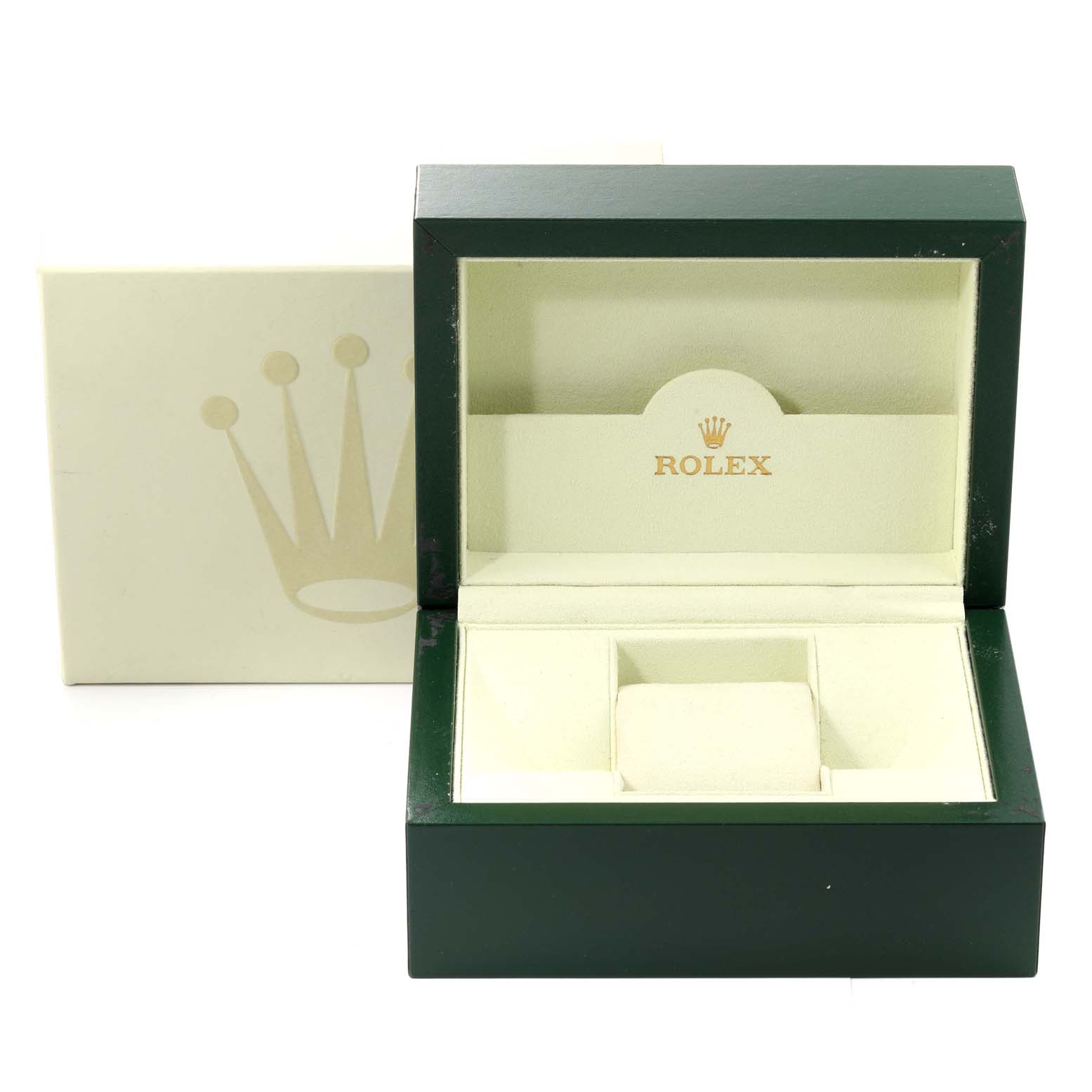 The image shows a green Rolex watch box for a Datejust model, open to display the cushion and interior compartments.