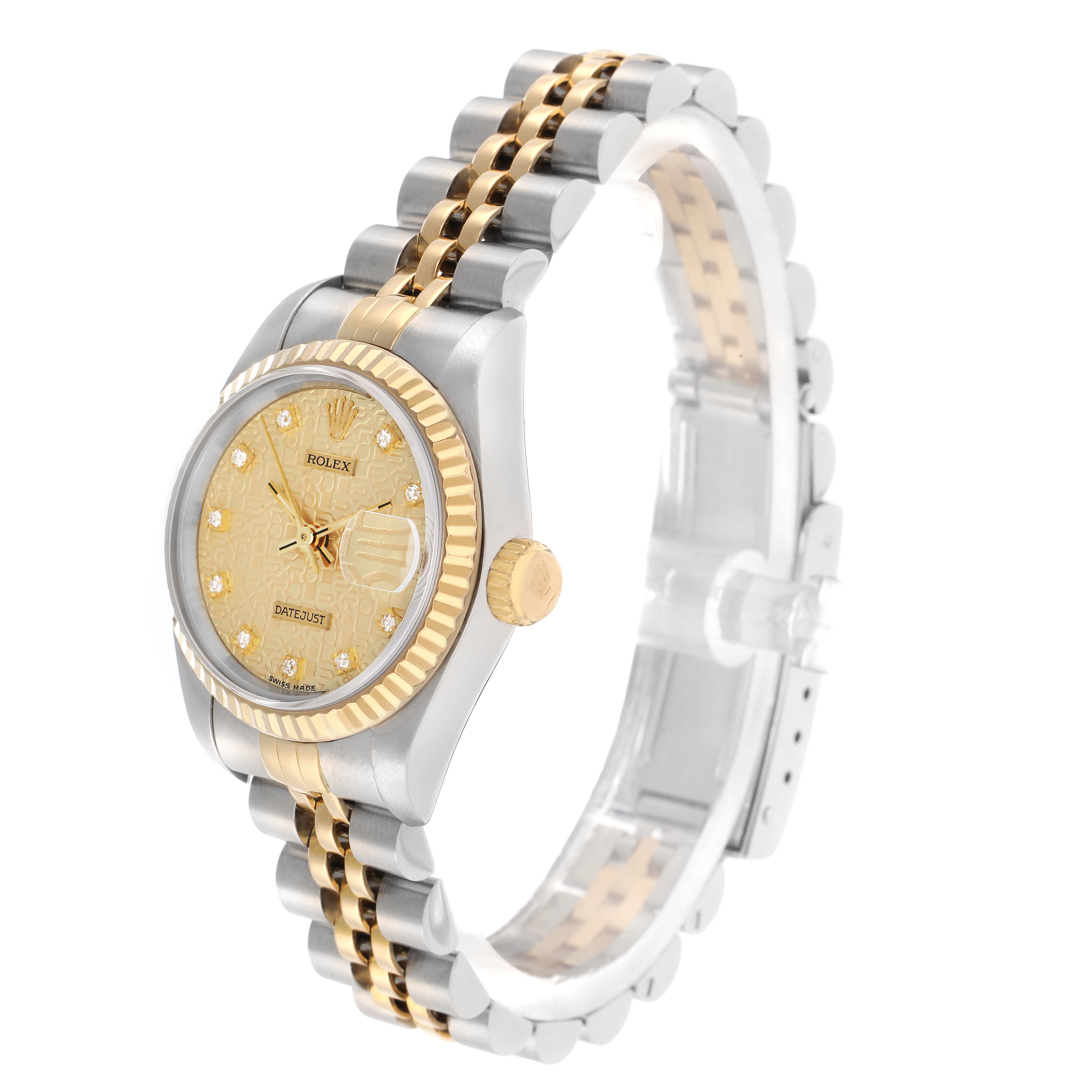 The Rolex Datejust 69173 Women
s Steel and Gold (two tone) Champagne Dial watch is shown at a three-quarter angle, highlighting its face, bezel, and two-tone bracelet.
