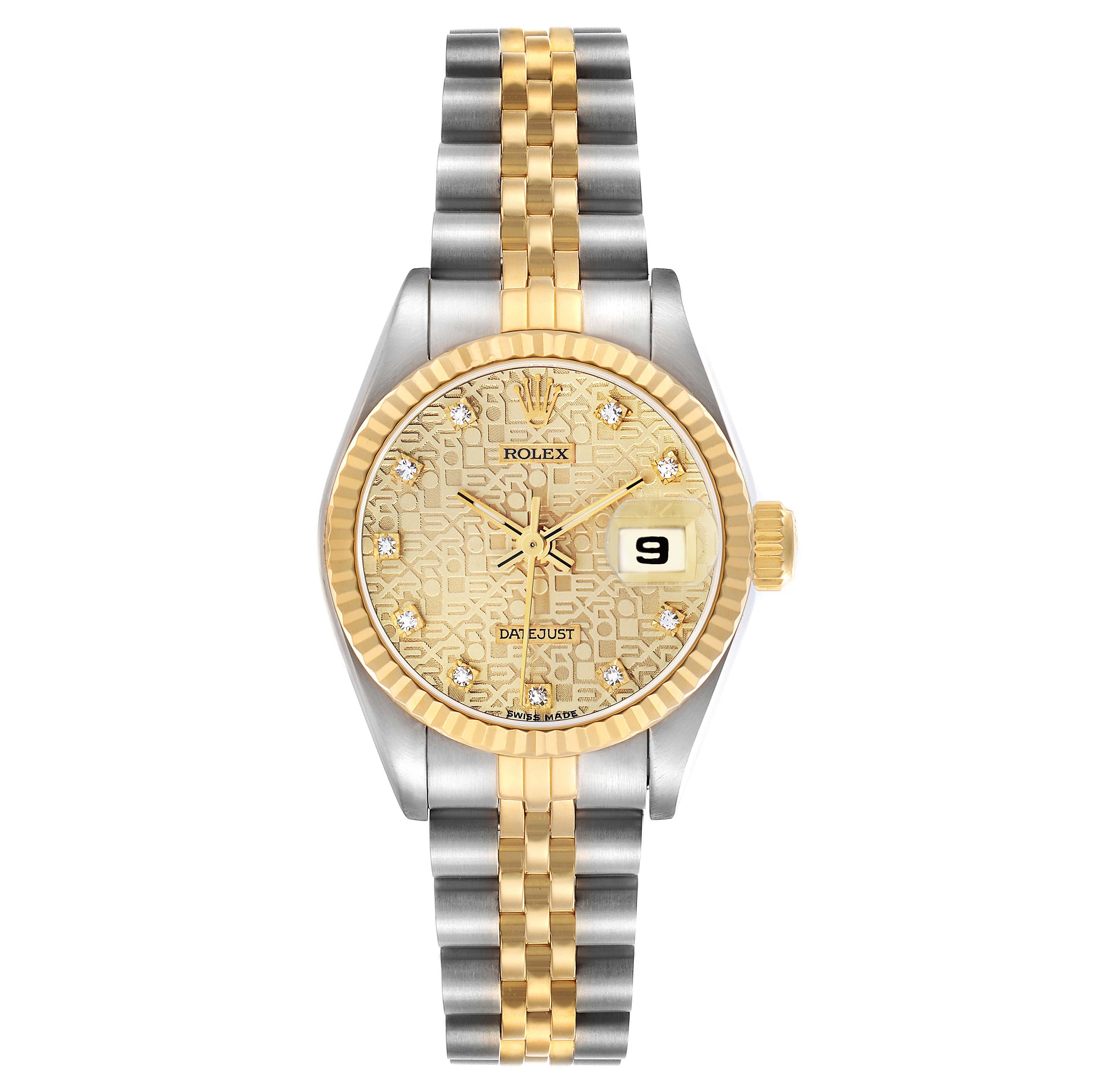 The Rolex Datejust 69173 Women
s Steel and Gold (two tone) Champagne Dial watch is shown from a top-down angle, displaying the dial, bracelet, bezel, and date window.