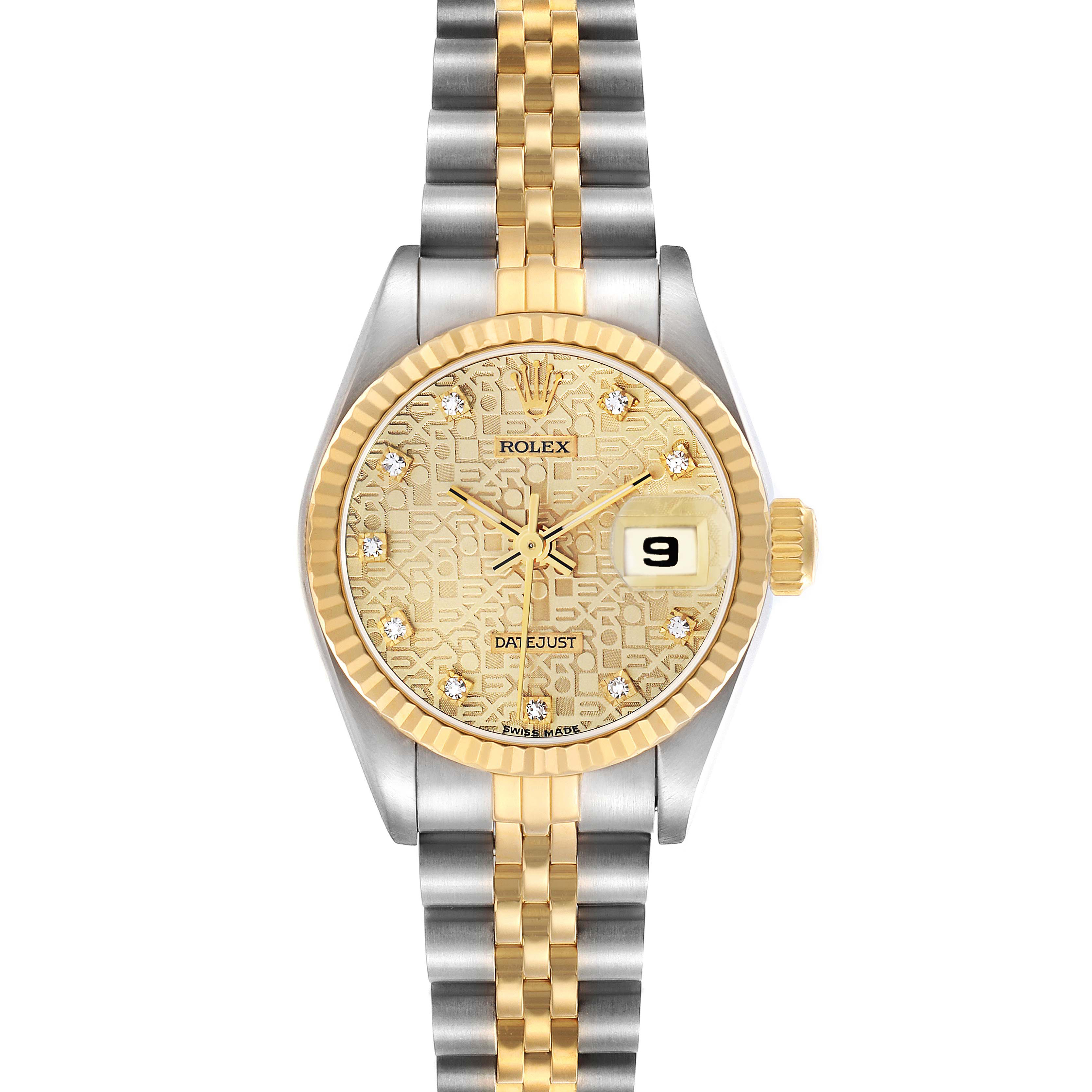 The Rolex Datejust 69173 Women
s Steel and Gold (two tone) Champagne Dial watch is shown from a front angle, displaying the dial, bezel, crown, and bracelet.