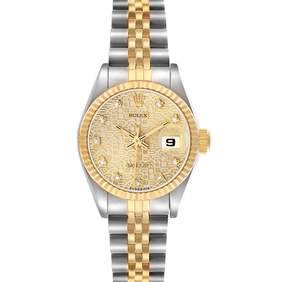 The Rolex Datejust 69173 Women's Steel and Gold (two tone) Champagne Dial watch is shown from a front angle, displaying the dial, bezel, crown, and bracelet.