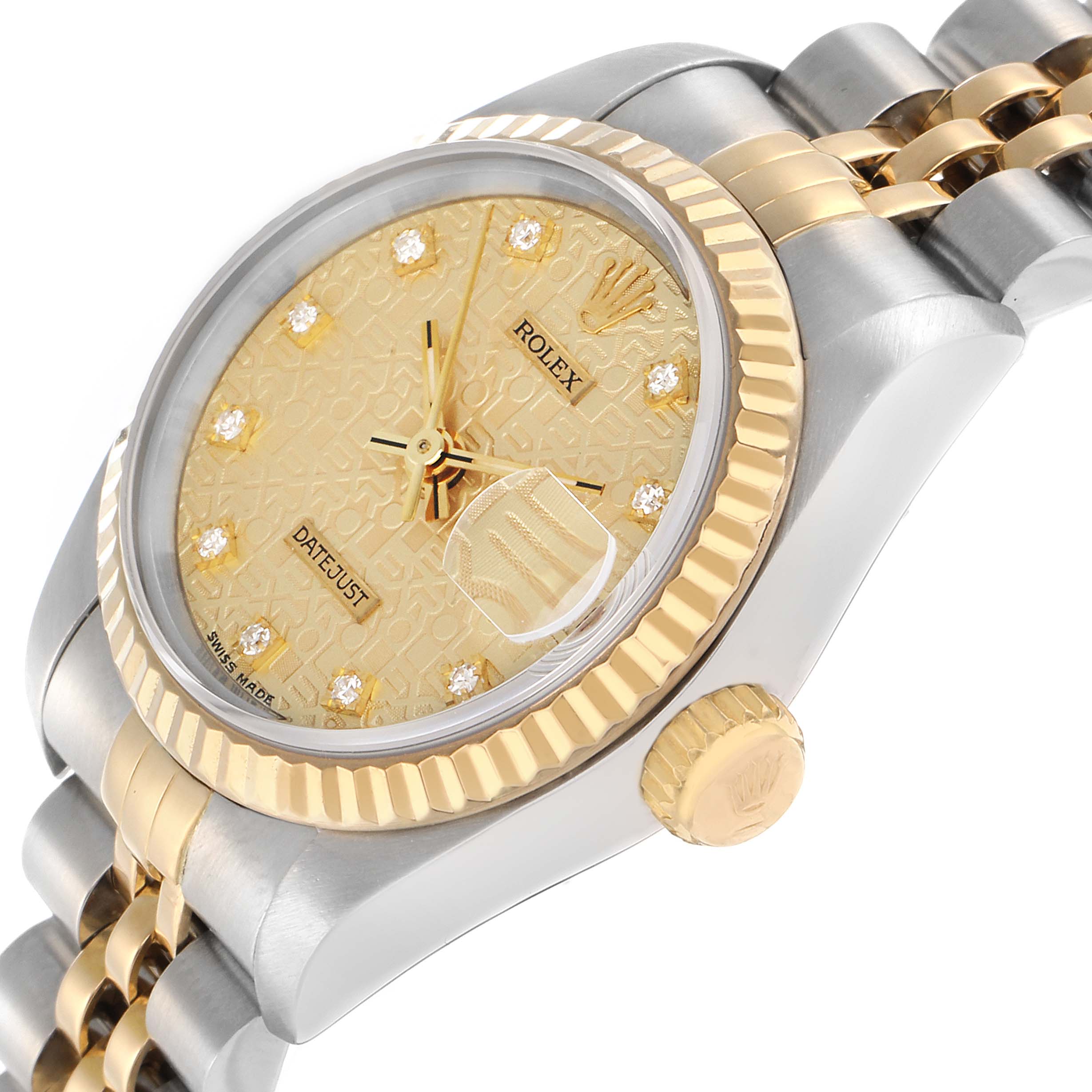 The Rolex Datejust 69173 Women
s Steel and Gold (two tone) Champagne Dial watch is shown at an angle highlighting the dial, bezel, crown, and part of the bracelet.