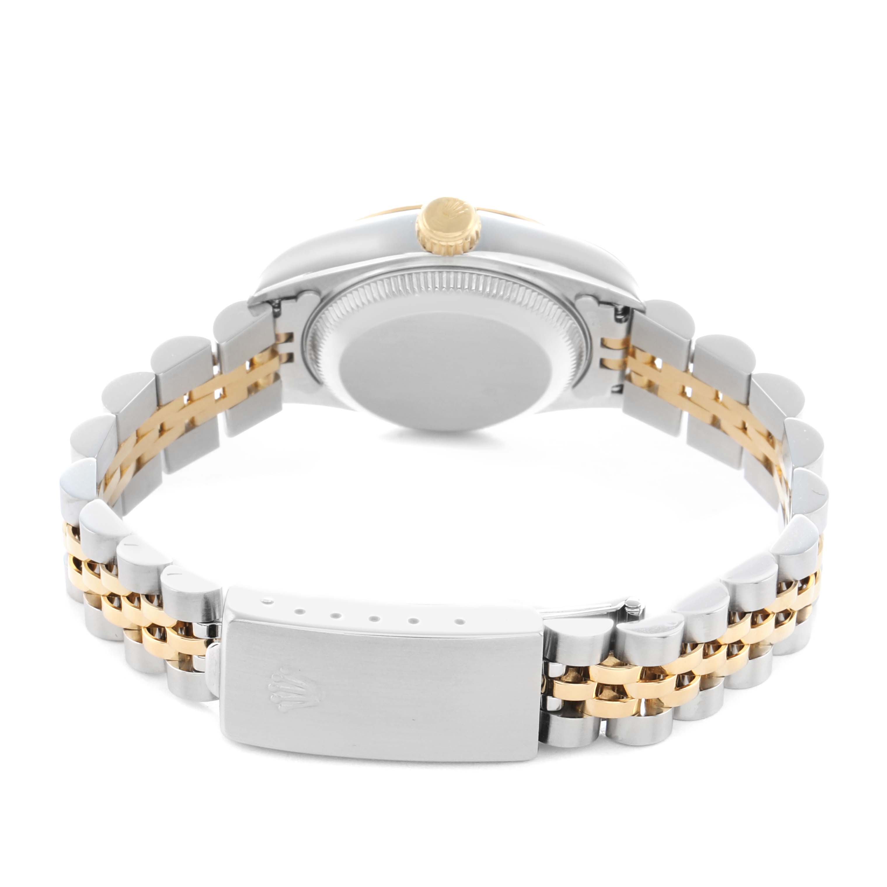 The image shows the back of a Rolex Datejust 69173 Women
s Steel and Gold (two tone) Champagne Dial watch, highlighting the case back, crown, and two-tone jubilee bracelet.