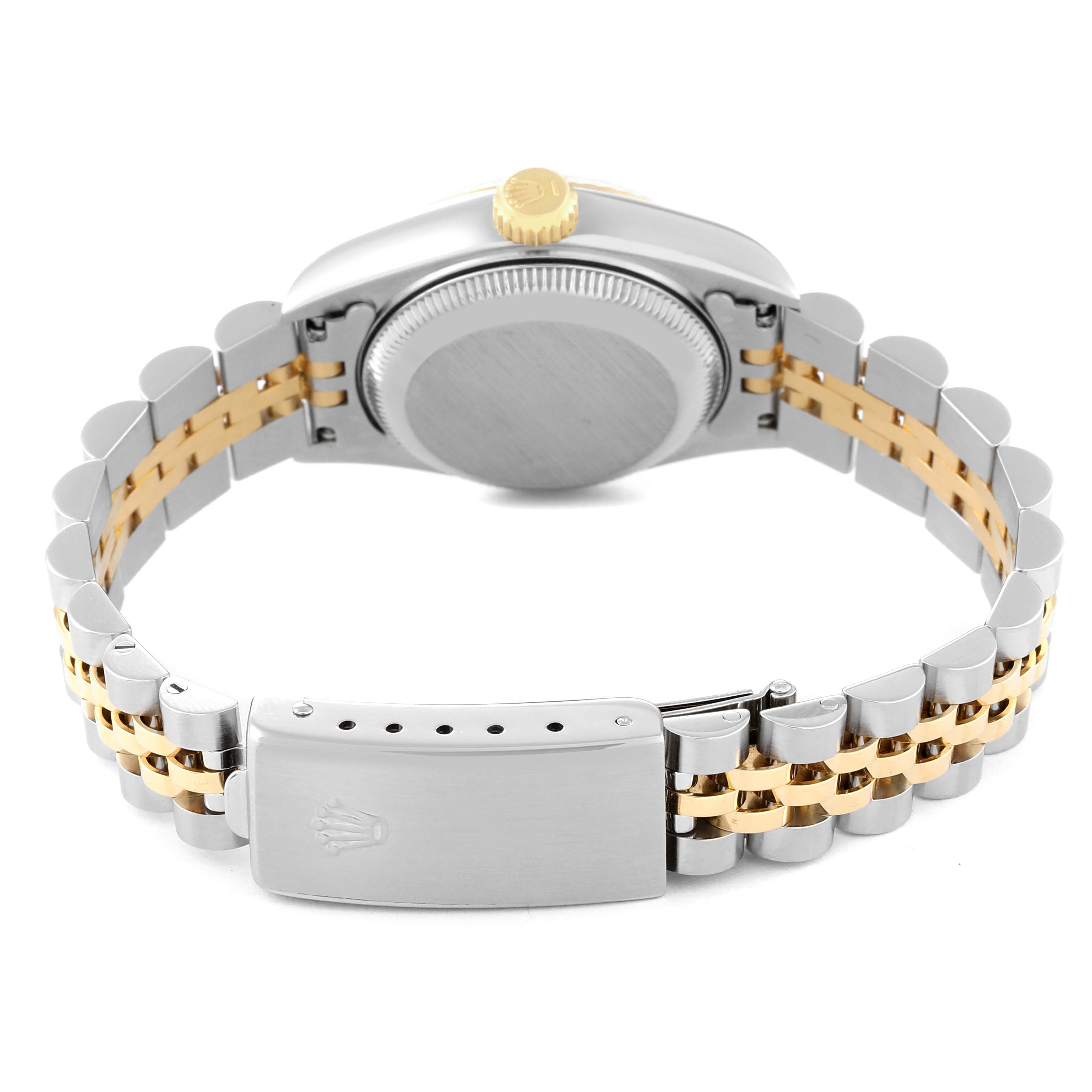 This image shows the back side of a Rolex Datejust 69173 Women's Steel and Gold (two tone) Blue Dial 69173 Women's Steel and Gold (two tone) Blue Dial watch, highlighting its case back, crown, and two-tone bracelet with clasp.