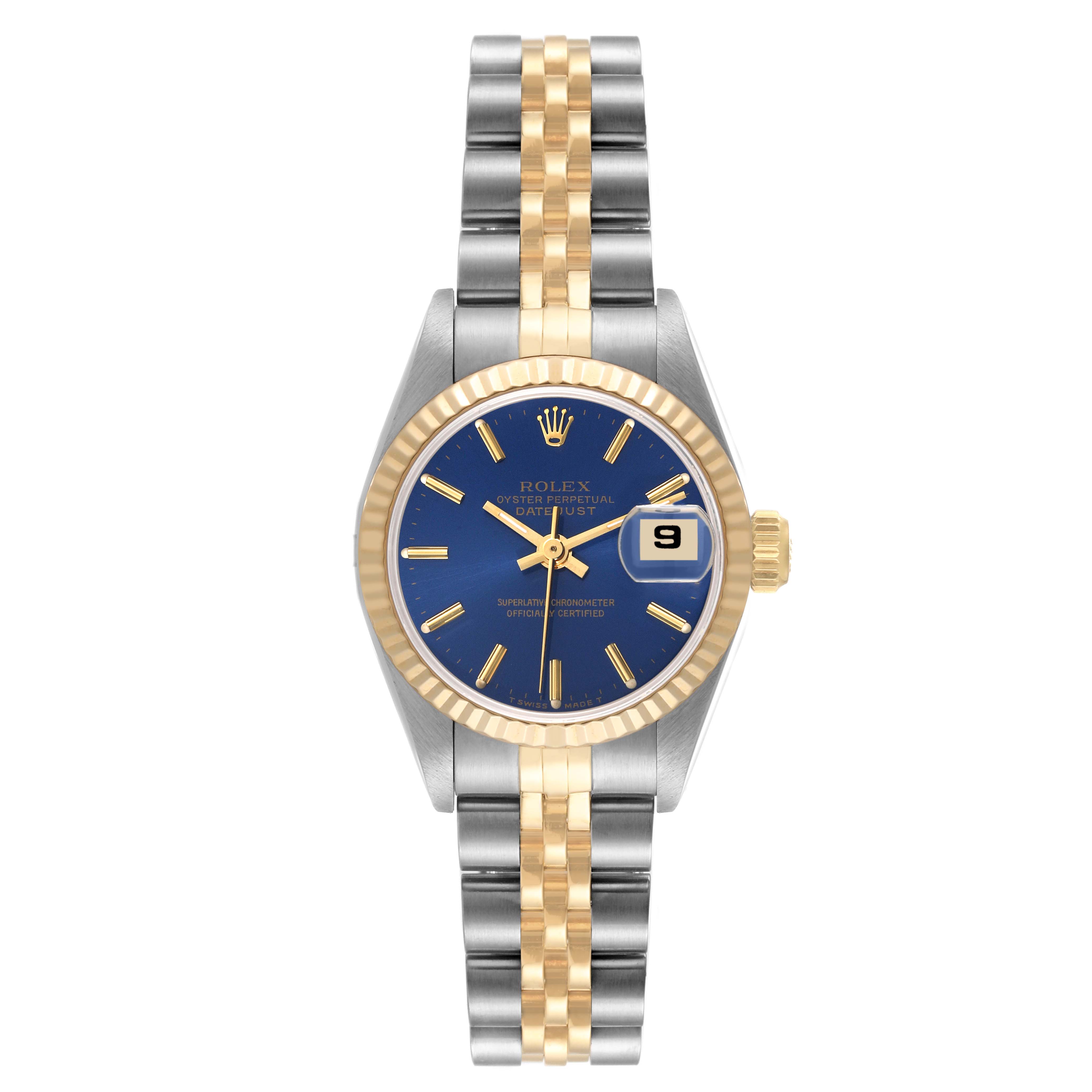 This image shows a front view of a Rolex Datejust 69173 Women's Steel and Gold (two tone) Blue Dial 69173 Women's Steel and Gold (two tone) Blue Dial watch with a blue dial and a two-tone metal bracelet.