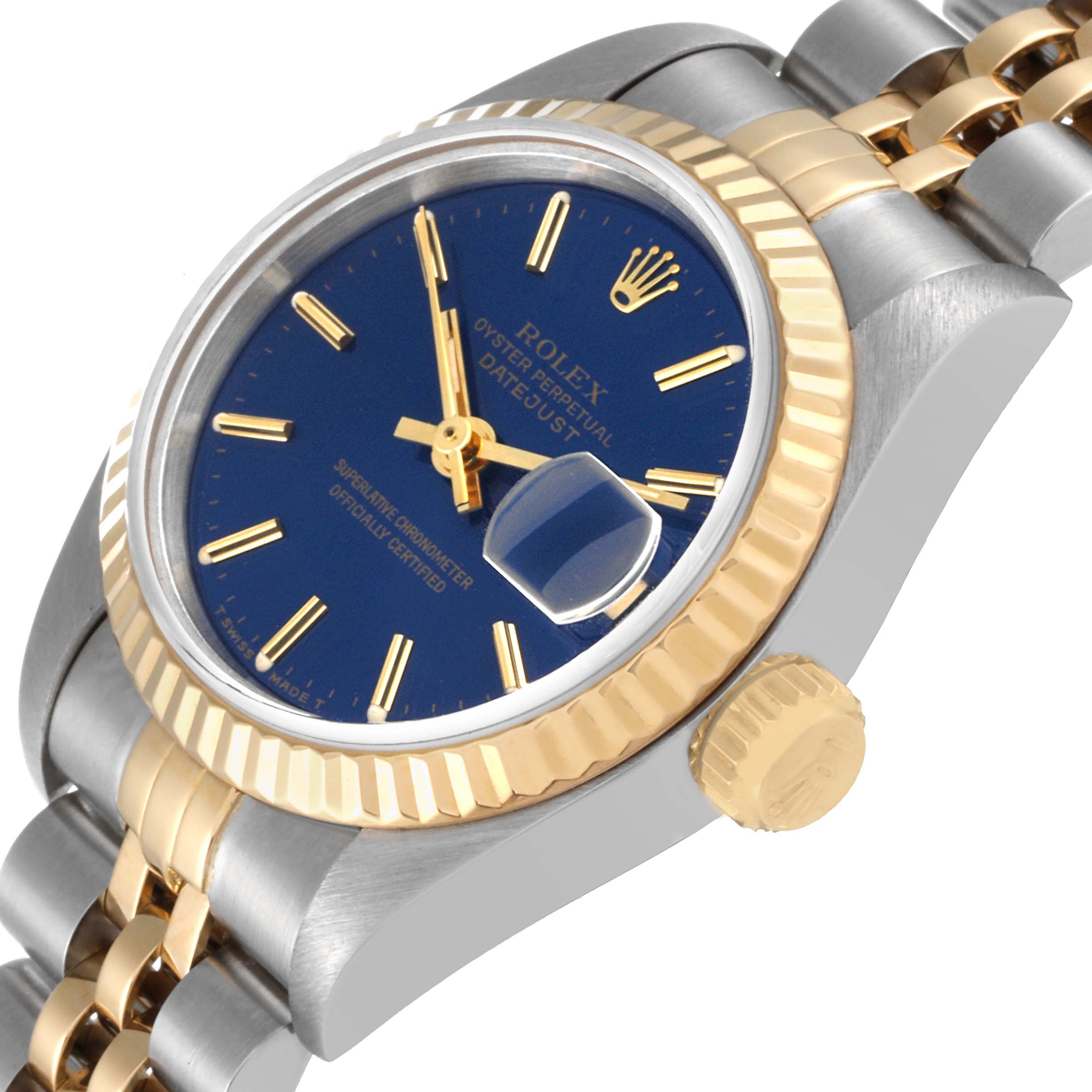 The image shows a Rolex Datejust 69173 Women's Steel and Gold (two tone) Blue Dial 69173 Women's Steel and Gold (two tone) Blue Dial watch at an angled close-up, highlighting its blue dial, fluted bezel, and Jubilee bracelet.