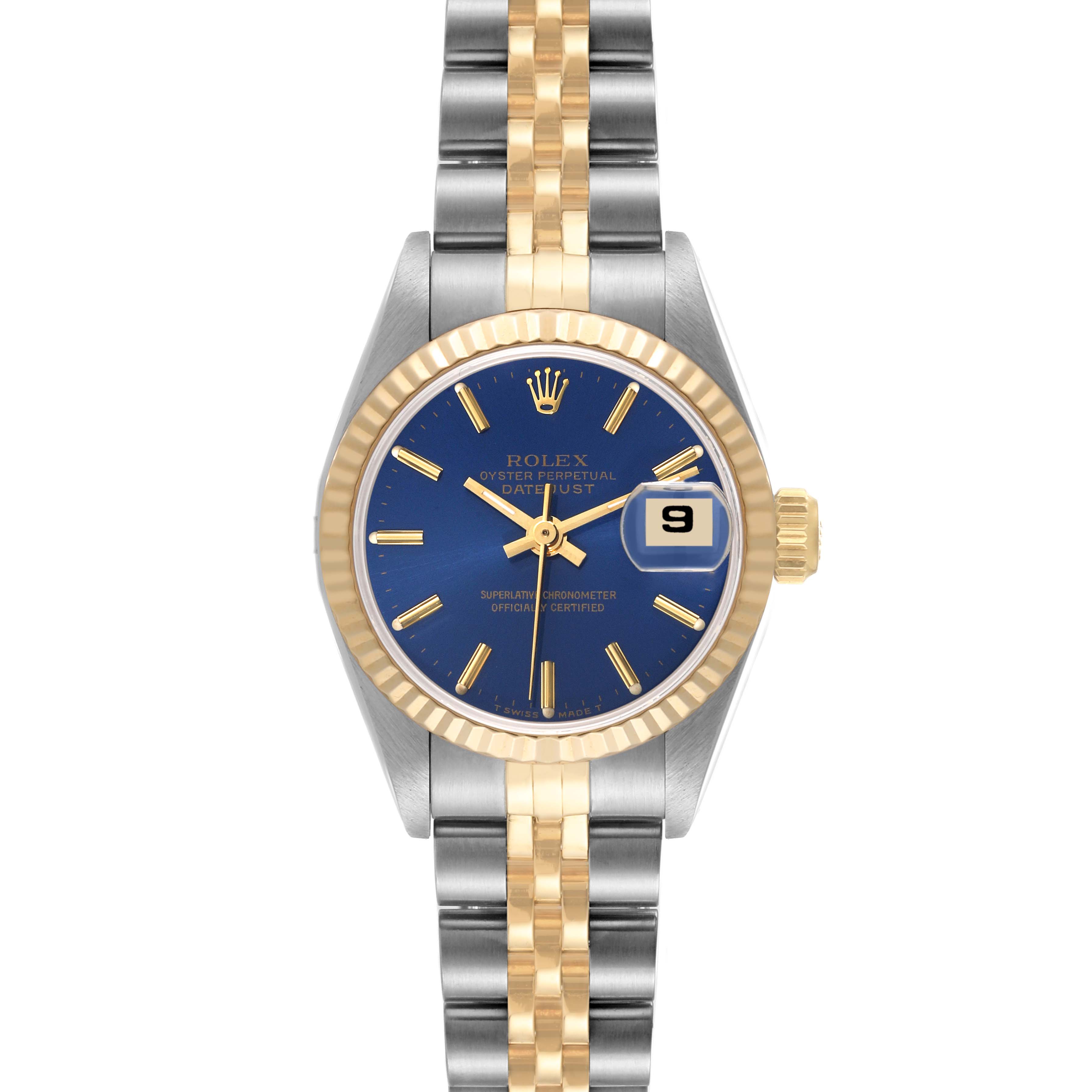 The image shows a front view of the Rolex Datejust 69173 Women's Steel and Gold (two tone) Blue Dial 69173 Women's Steel and Gold (two tone) Blue Dial watch, highlighting its blue dial, two-tone bracelet, and gold fluted bezel.