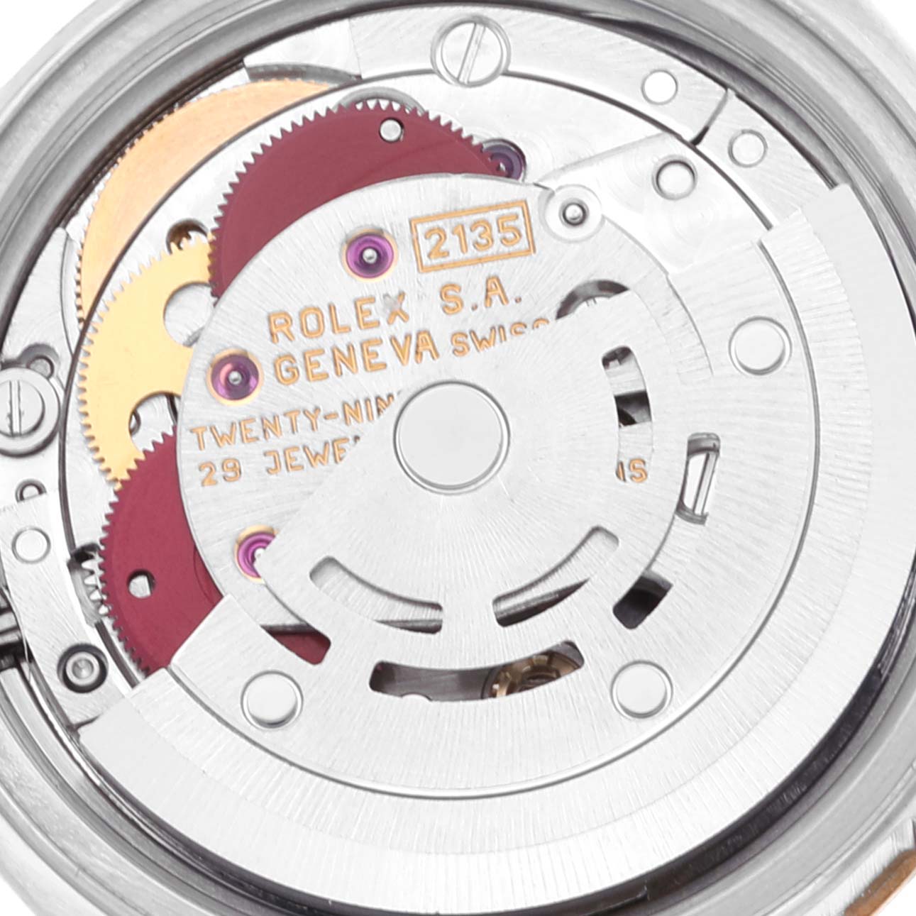 This image shows a close-up view of the internal movement mechanism of a Rolex Datejust 69173 Women's Steel and Gold (two tone) Blue Dial 69173 Women's Steel and Gold (two tone) Blue Dial watch.
