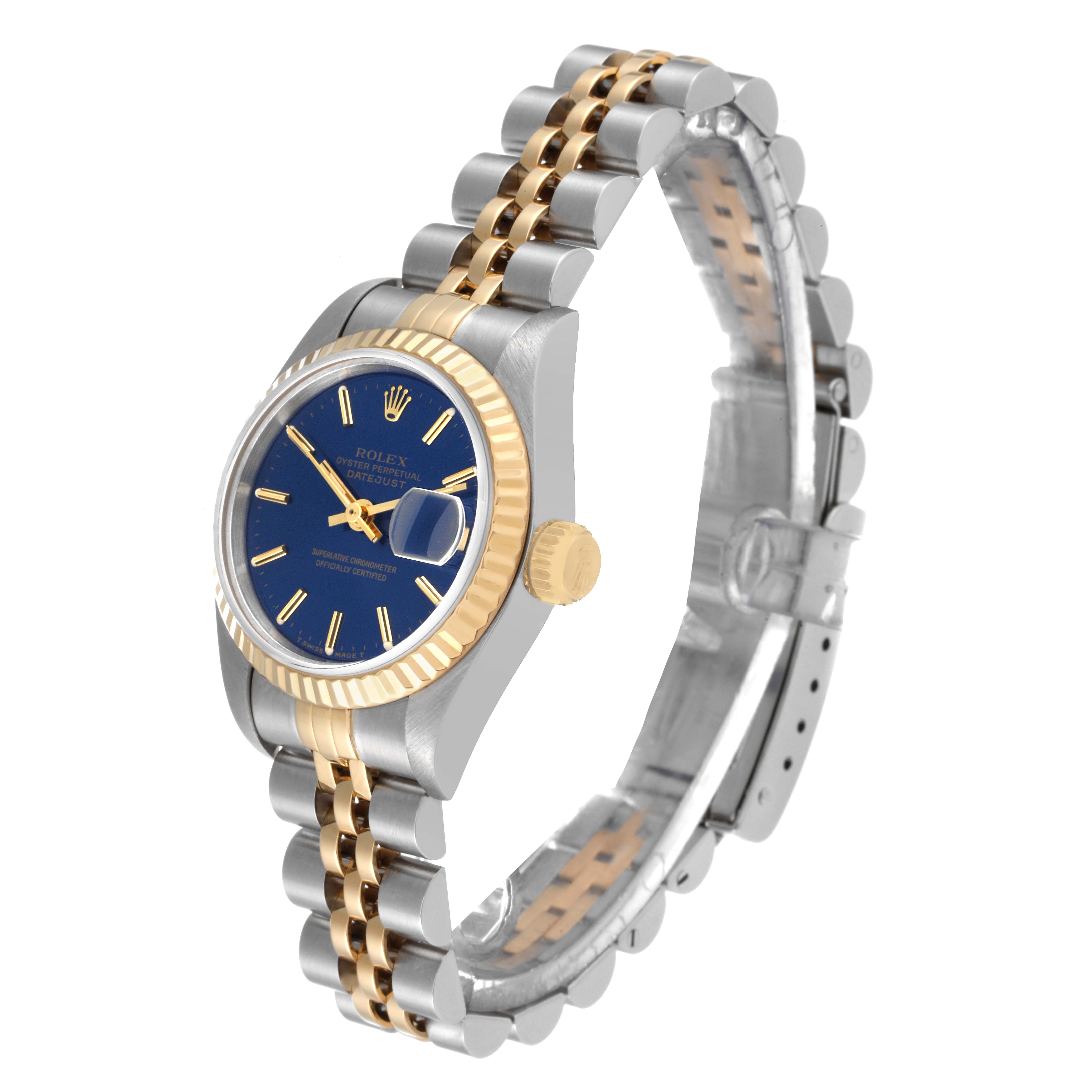 The image shows a Rolex Datejust 69173 Women's Steel and Gold (two tone) Blue Dial 69173 Women's Steel and Gold (two tone) Blue Dial watch at an angle revealing the face, bezel, crown, and Jubilee bracelet.
