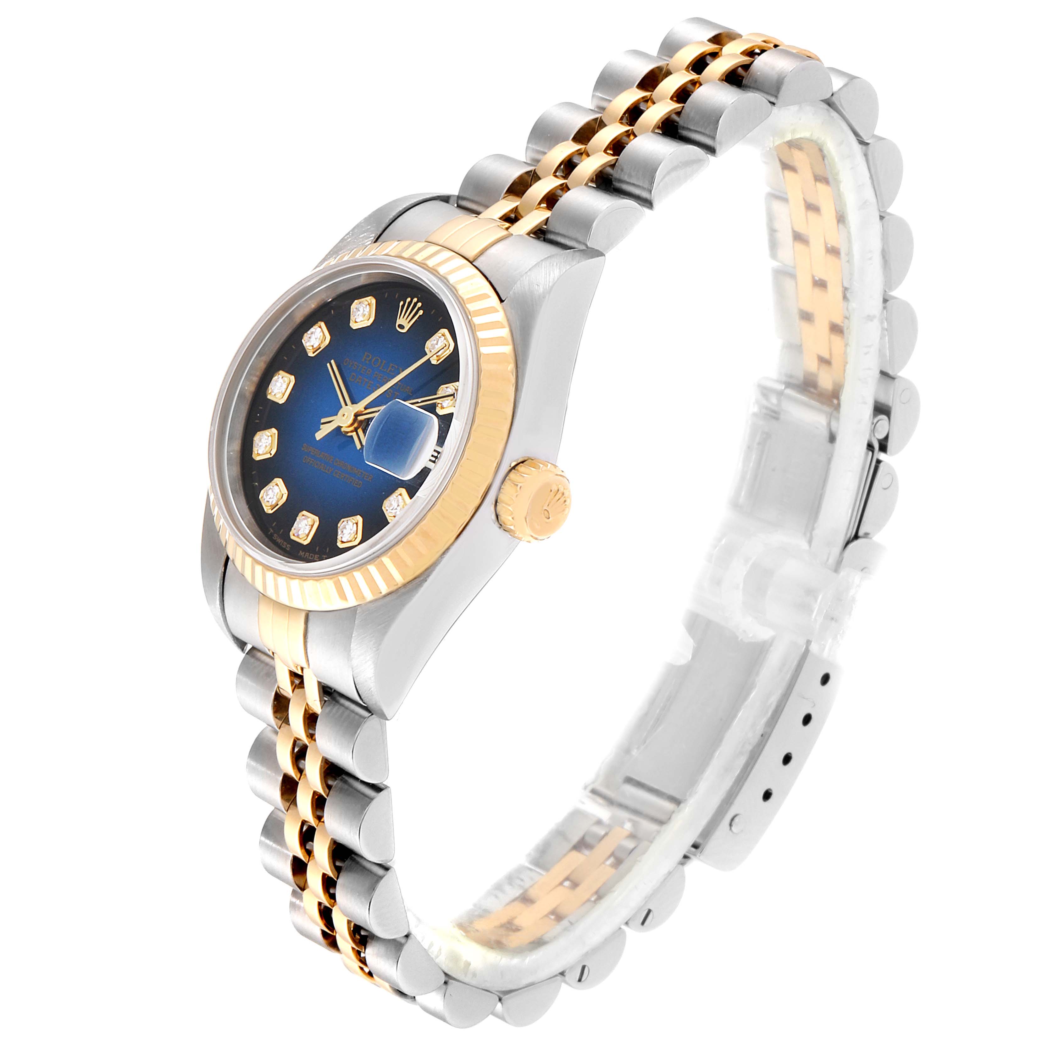 This image shows a side angle of a Rolex Datejust 79173 Women's Steel and Gold (two tone) Blue Dial 79173 Women's Steel and Gold (two tone) Blue Dial watch, featuring its face, case, crown, and bracelet.