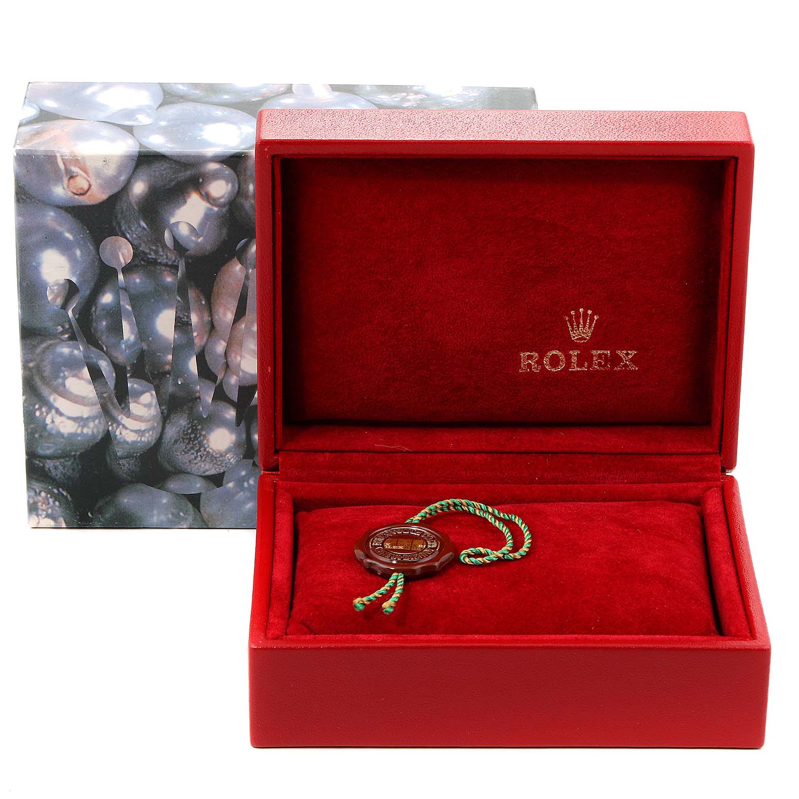 The image shows a Rolex Datejust 79173 Women's Steel and Gold (two tone) Blue Dial 79173 Women's Steel and Gold (two tone) Blue Dial watch box and tag from a straight-on angle.