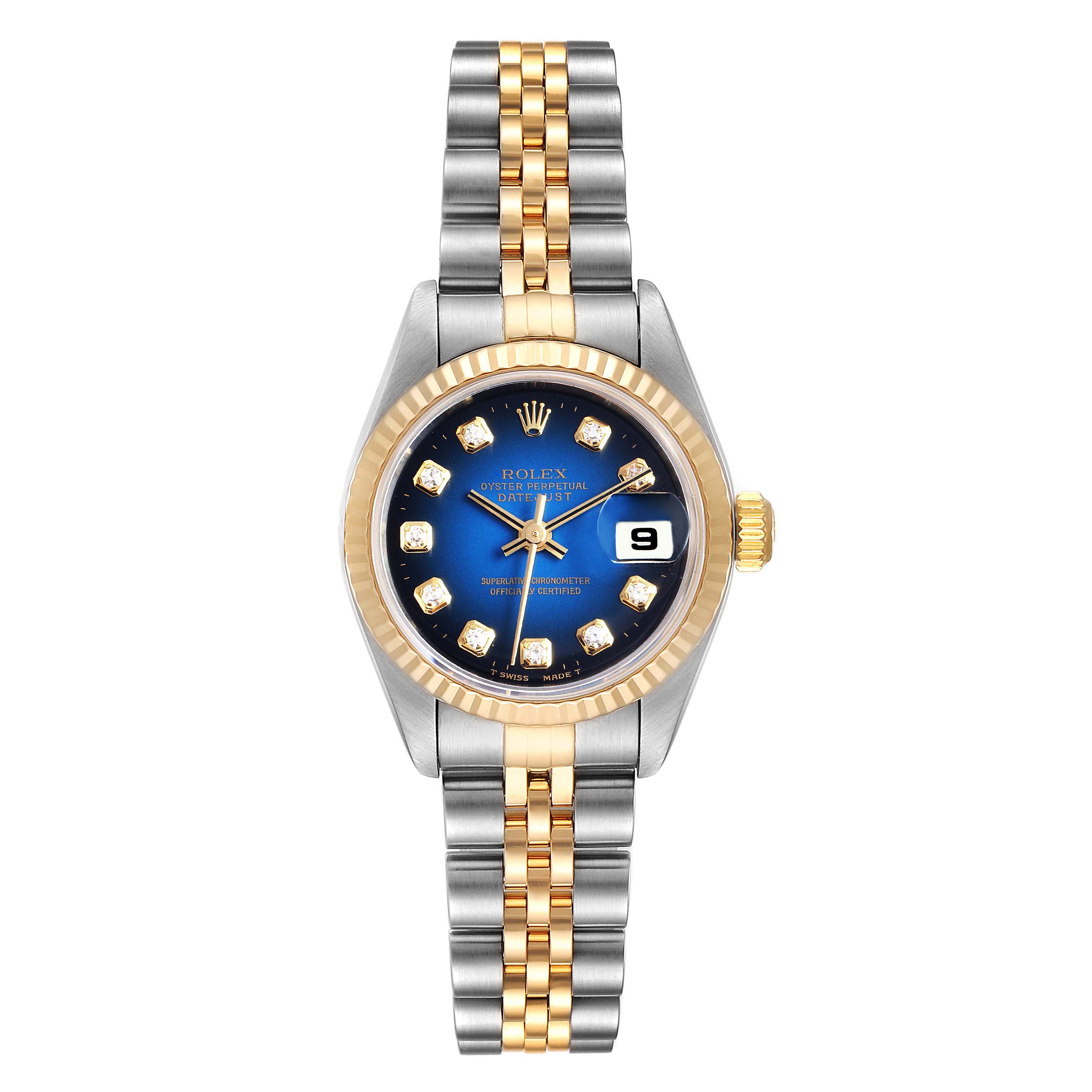 This image shows a Rolex Datejust 79173 Women's Steel and Gold (two tone) Blue Dial 79173 Women's Steel and Gold (two tone) Blue Dial watch viewed from the front, highlighting its dial, bezel, and two-tone jubilee bracelet.