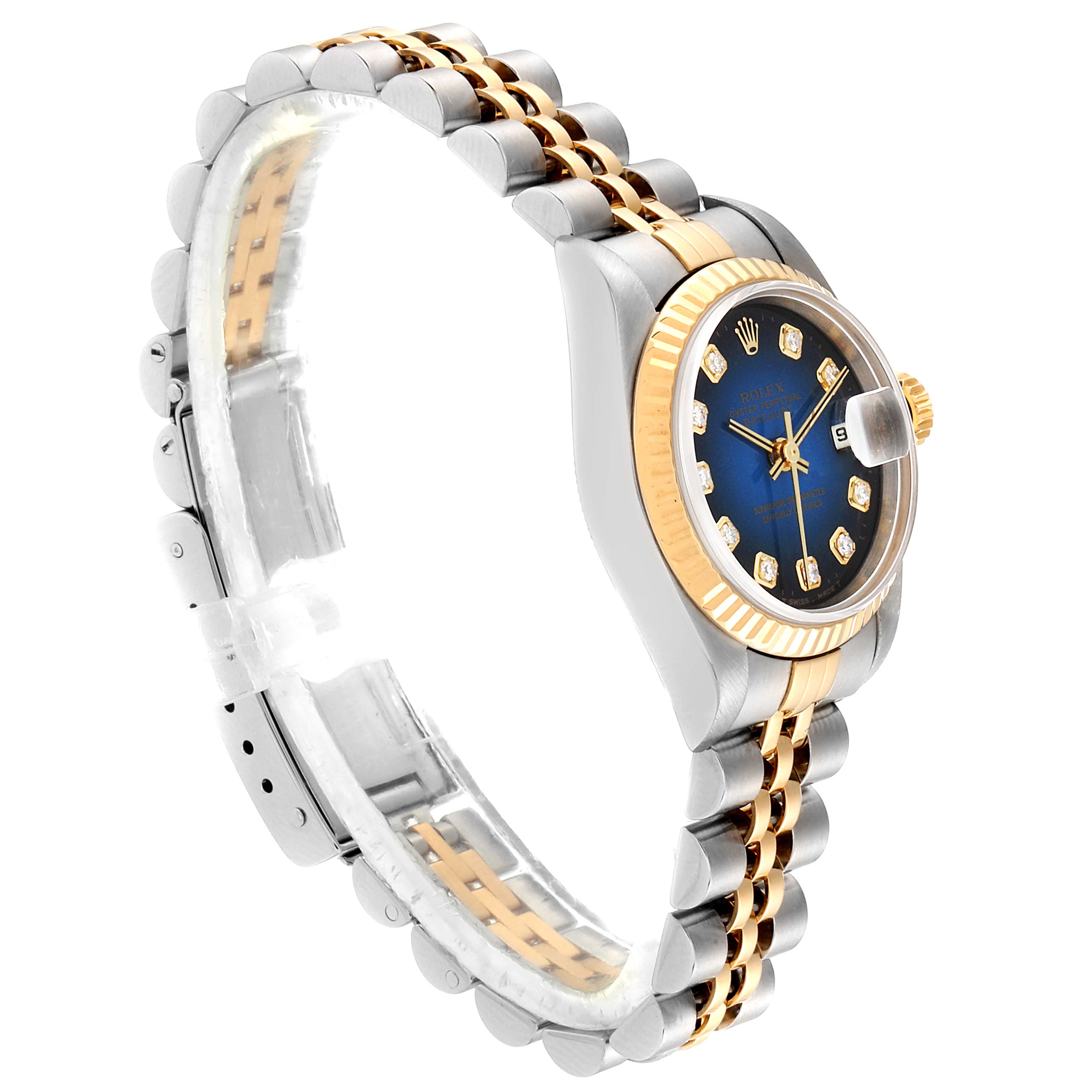 The image shows a Rolex Datejust 79173 Women's Steel and Gold (two tone) Blue Dial 79173 Women's Steel and Gold (two tone) Blue Dial model watch at a slight angle, highlighting its bezel, dial, case, and two-tone bracelet.