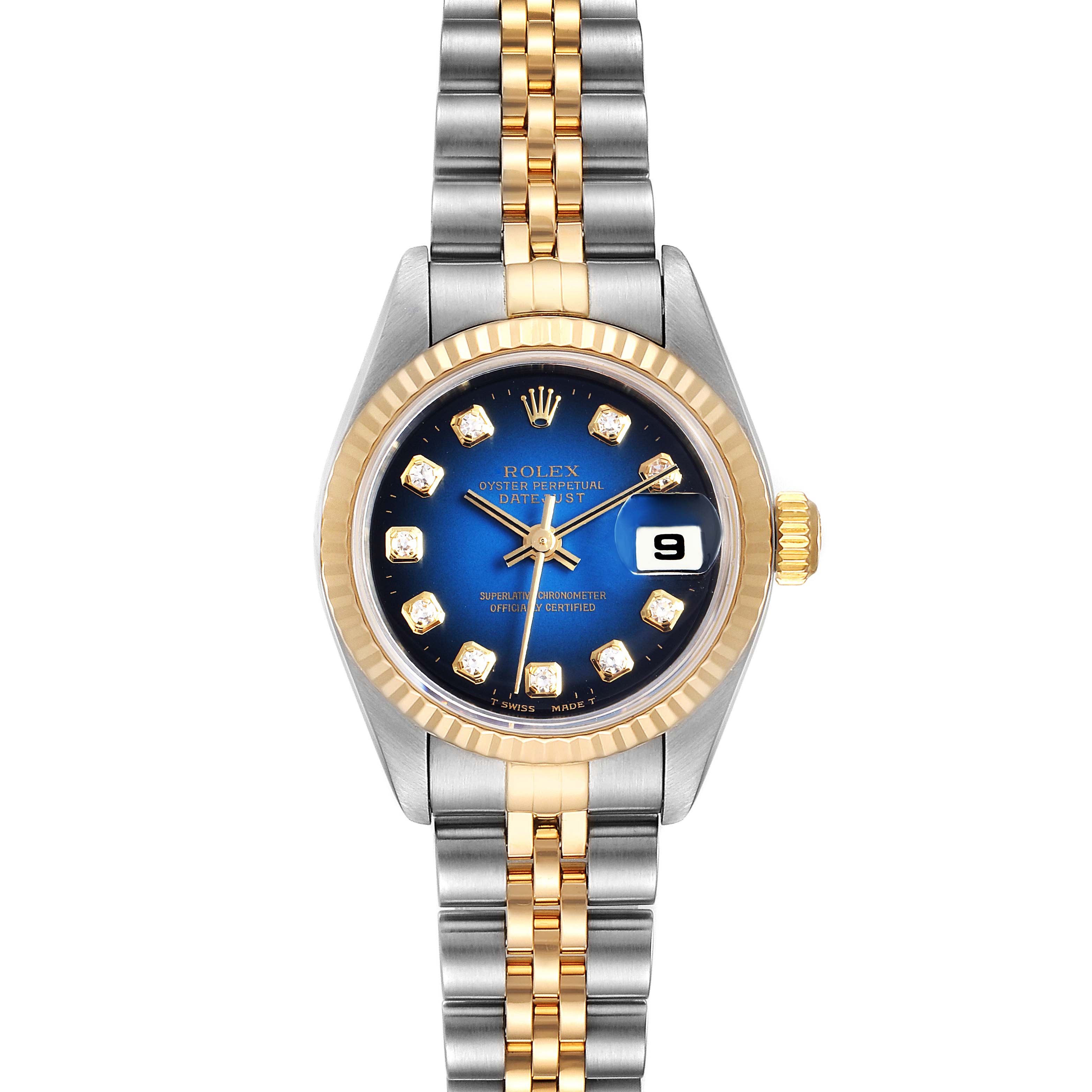 This image shows a front view of a Rolex Datejust 79173 Women's Steel and Gold (two tone) Blue Dial 79173 Women's Steel and Gold (two tone) Blue Dial watch, highlighting its dial, bezel, and two-tone bracelet.