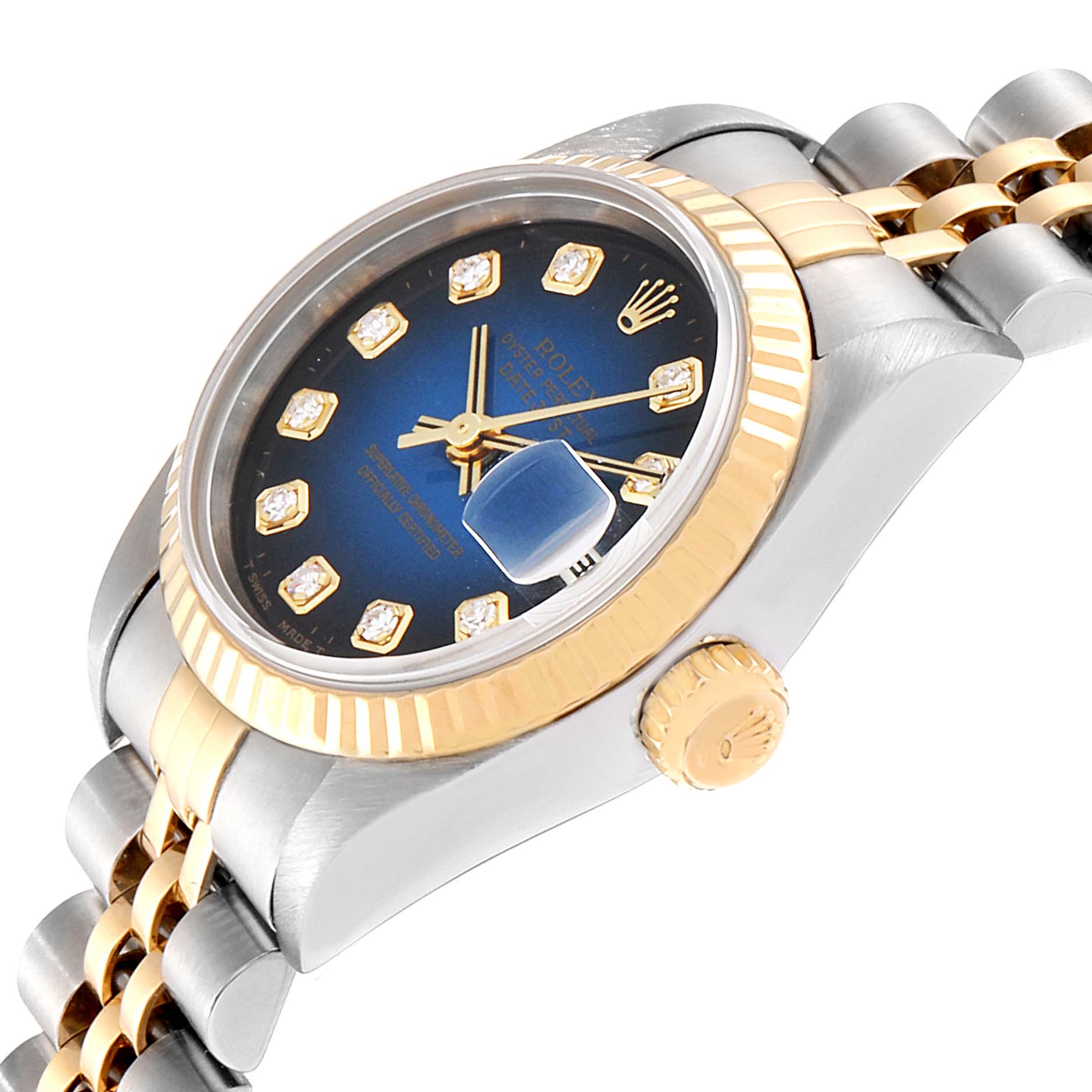 The image shows a side angle of a Rolex Datejust 79173 Women's Steel and Gold (two tone) Blue Dial 79173 Women's Steel and Gold (two tone) Blue Dial watch, highlighting its two-tone gold and silver bracelet, crown, and blue dial with diamond markers.
