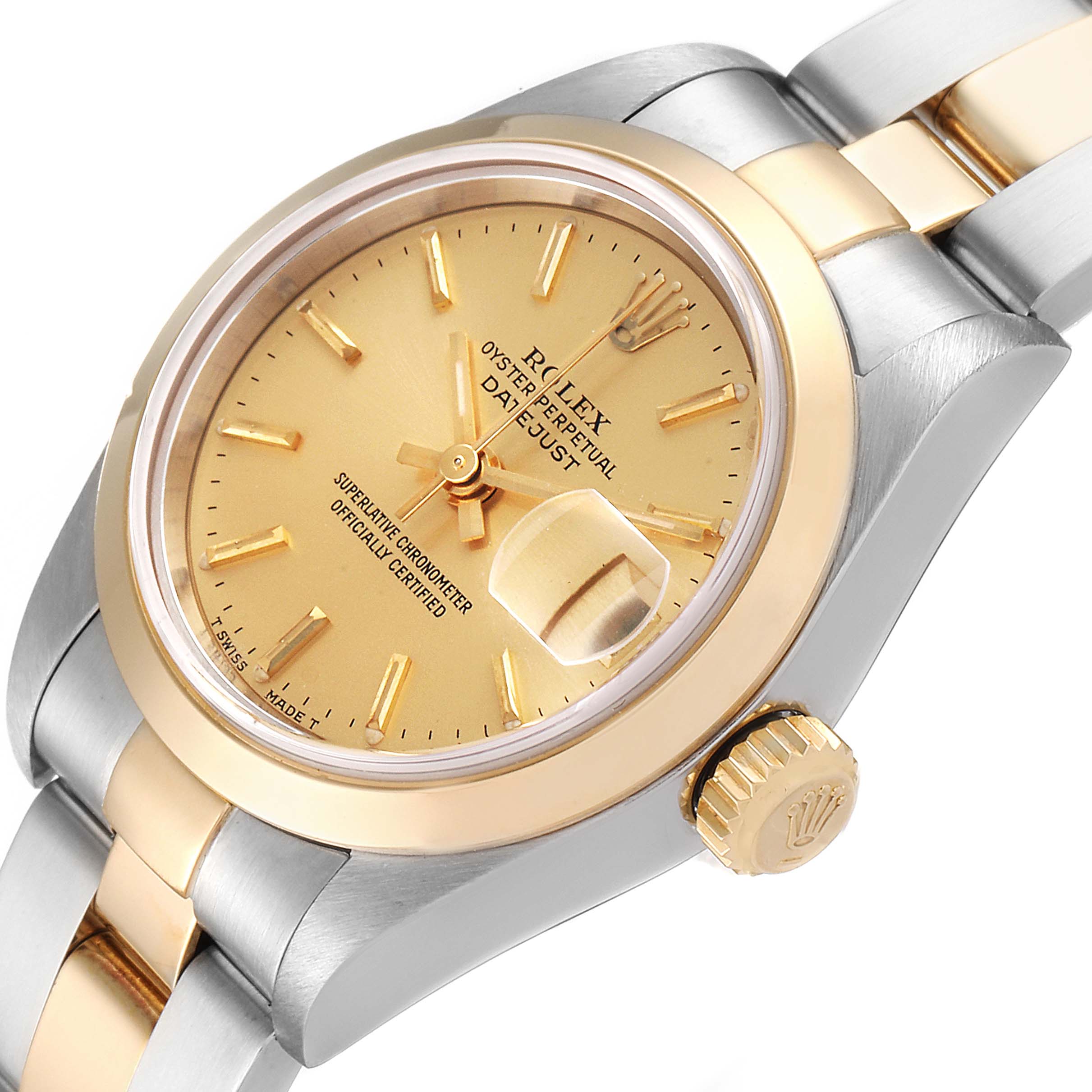 The image shows a Rolex Datejust 79163 Women's Steel and Gold (two tone) Champagne Dial 79163 Women's Steel and Gold (two tone) Champagne Dial watch from a tilted angle, highlighting its dial, bezel, crown, and bracelet.