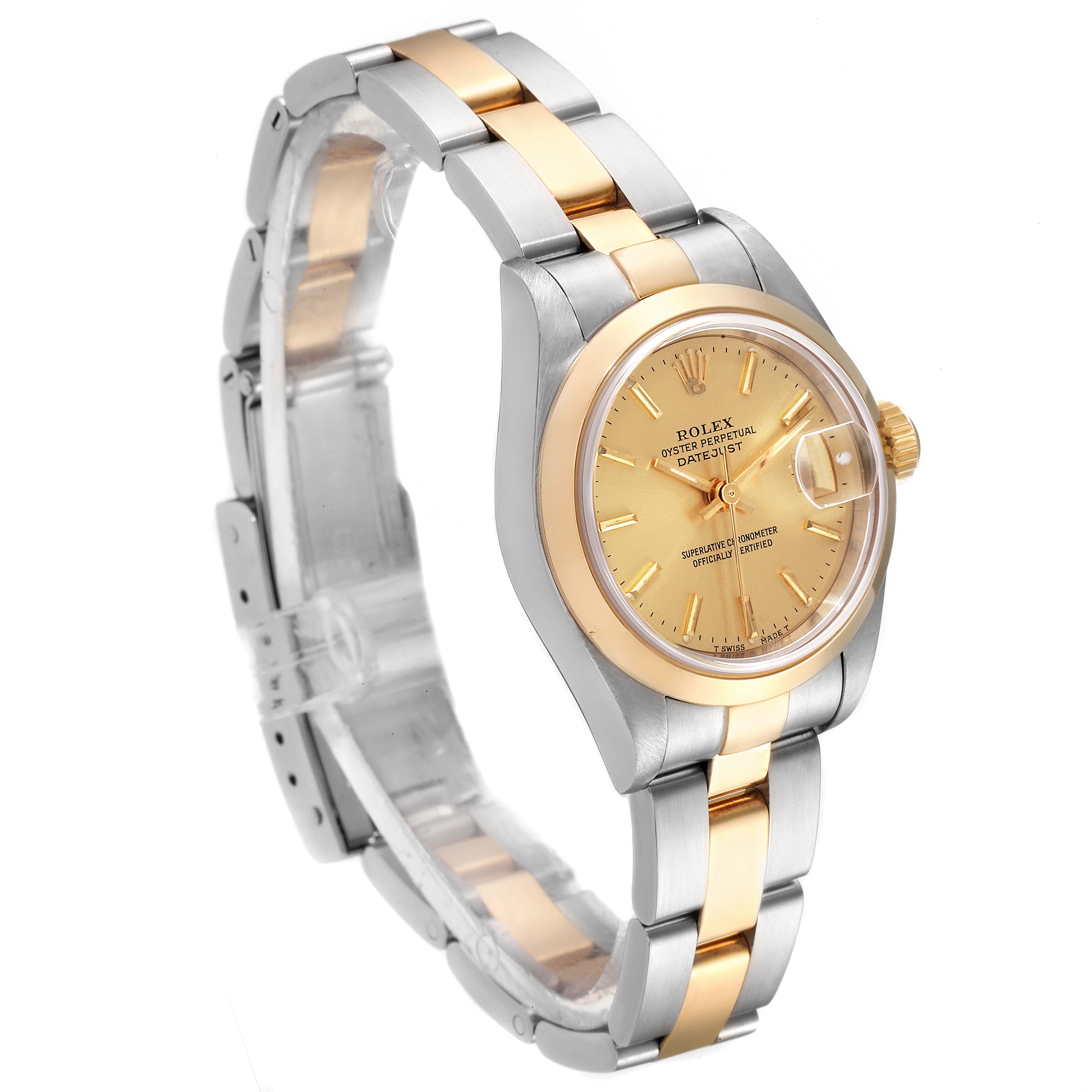 The image shows a three-quarter angle of a Rolex Datejust 79163 Women's Steel and Gold (two tone) Champagne Dial 79163 Women's Steel and Gold (two tone) Champagne Dial watch, highlighting its gold and silver bracelet and gold dial.