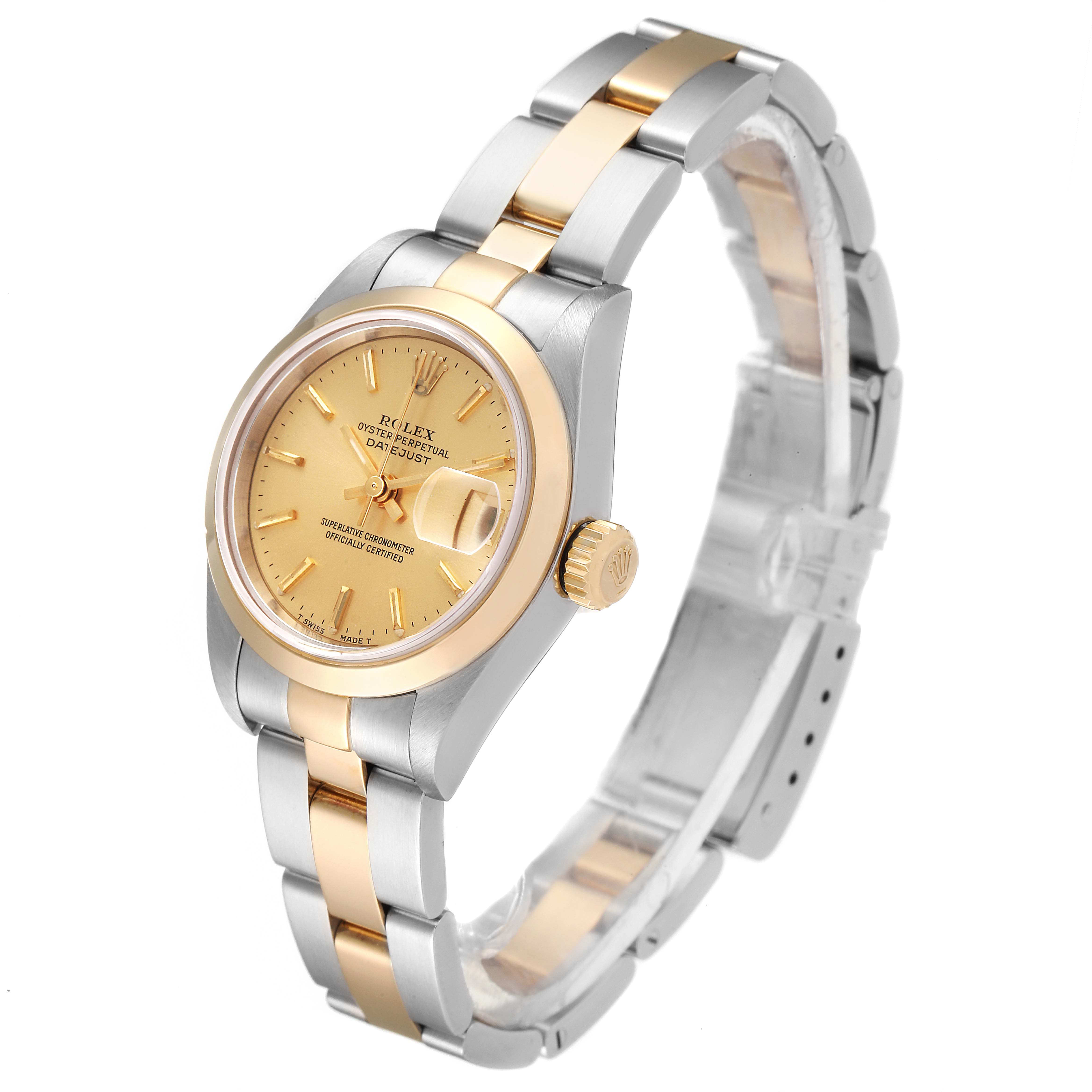 This image shows a side and slightly angled top view of a Rolex Datejust 79163 Women's Steel and Gold (two tone) Champagne Dial 79163 Women's Steel and Gold (two tone) Champagne Dial watch, highlighting its two-tone bracelet and champagne dial.