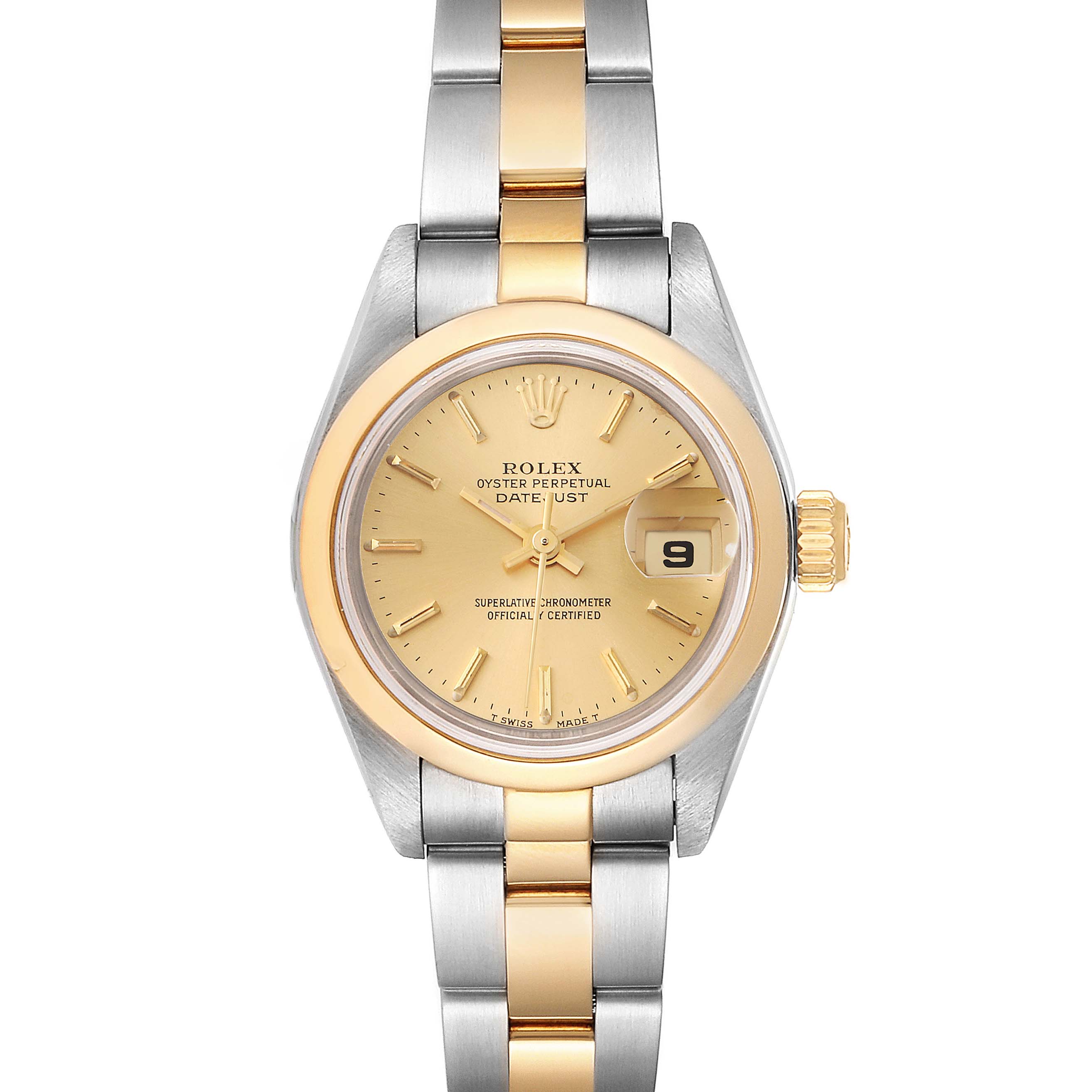 The image shows a front view of a Rolex Datejust 79163 Women's Steel and Gold (two tone) Champagne Dial 79163 Women's Steel and Gold (two tone) Champagne Dial watch with a two-tone bracelet and a date display.