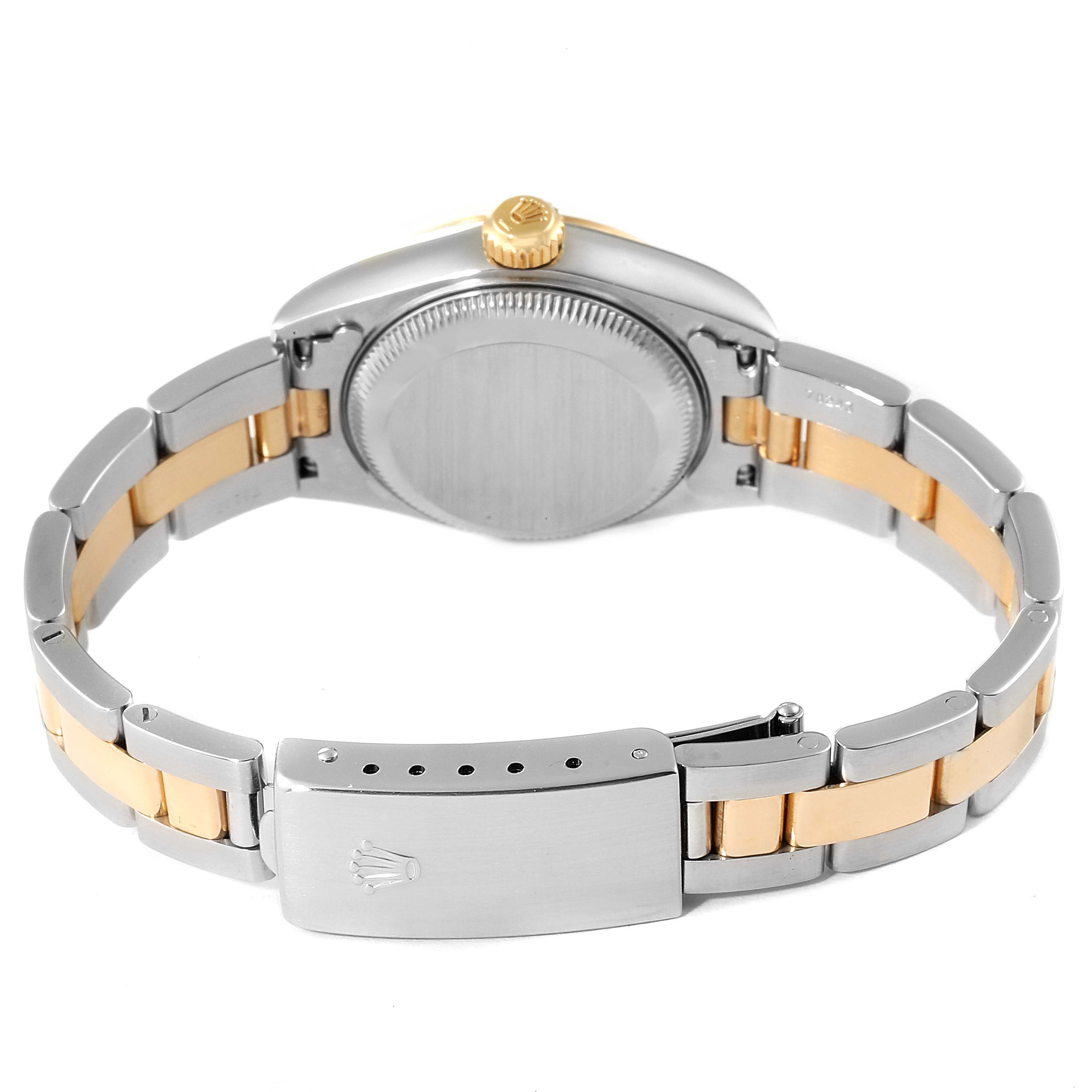 The image shows the back of a Rolex Datejust 79163 Women's Steel and Gold (two tone) Champagne Dial 79163 Women's Steel and Gold (two tone) Champagne Dial watch, including the closed case back and the two-tone bracelet with a clasp.