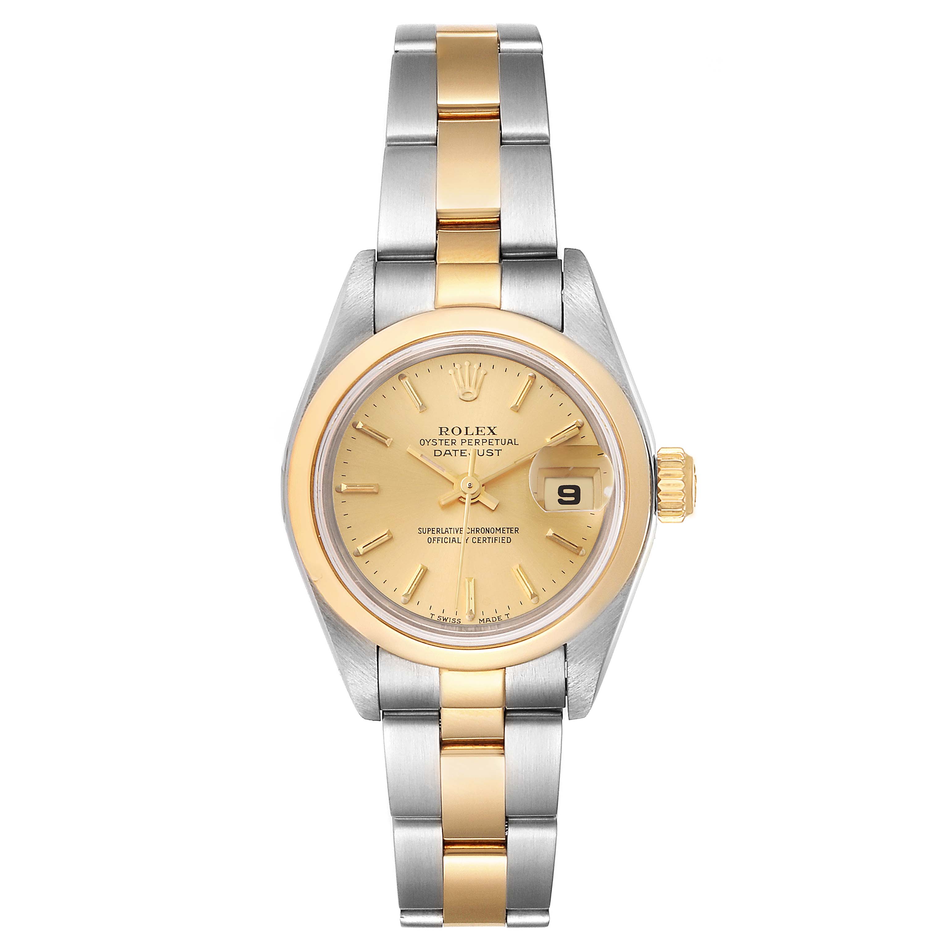 This Rolex Datejust 79163 Women's Steel and Gold (two tone) Champagne Dial 79163 Women's Steel and Gold (two tone) Champagne Dial watch is shown from the front, highlighting the dial, bezel, case, and bracelet.