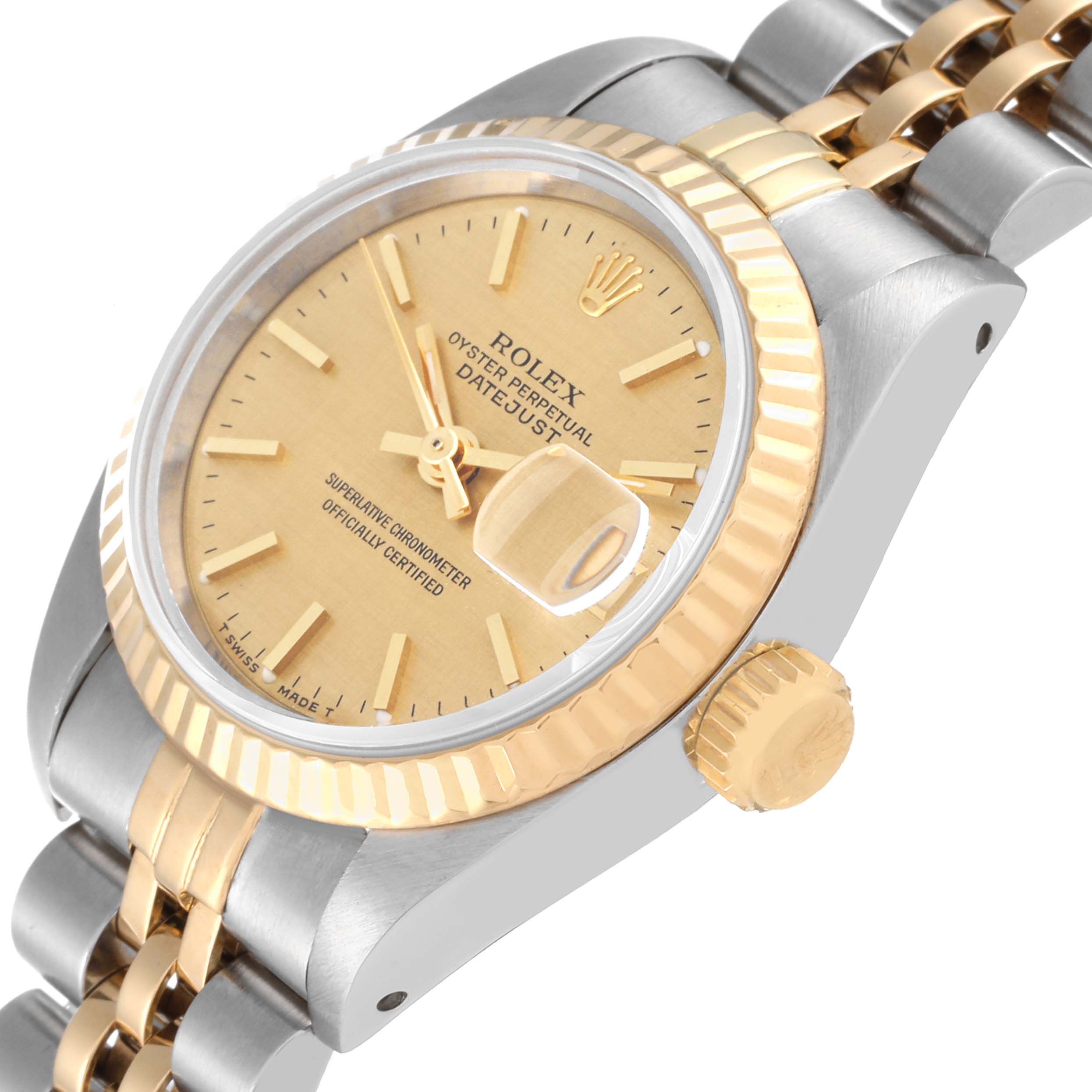 This image shows a Rolex Datejust 69173 Women
s Steel and Gold (two tone) Champagne Dial 69173 Women
s Steel and Gold (two tone) Champagne Dial watch at a 3/4 angle, highlighting the dial, fluted bezel, and bracelet.