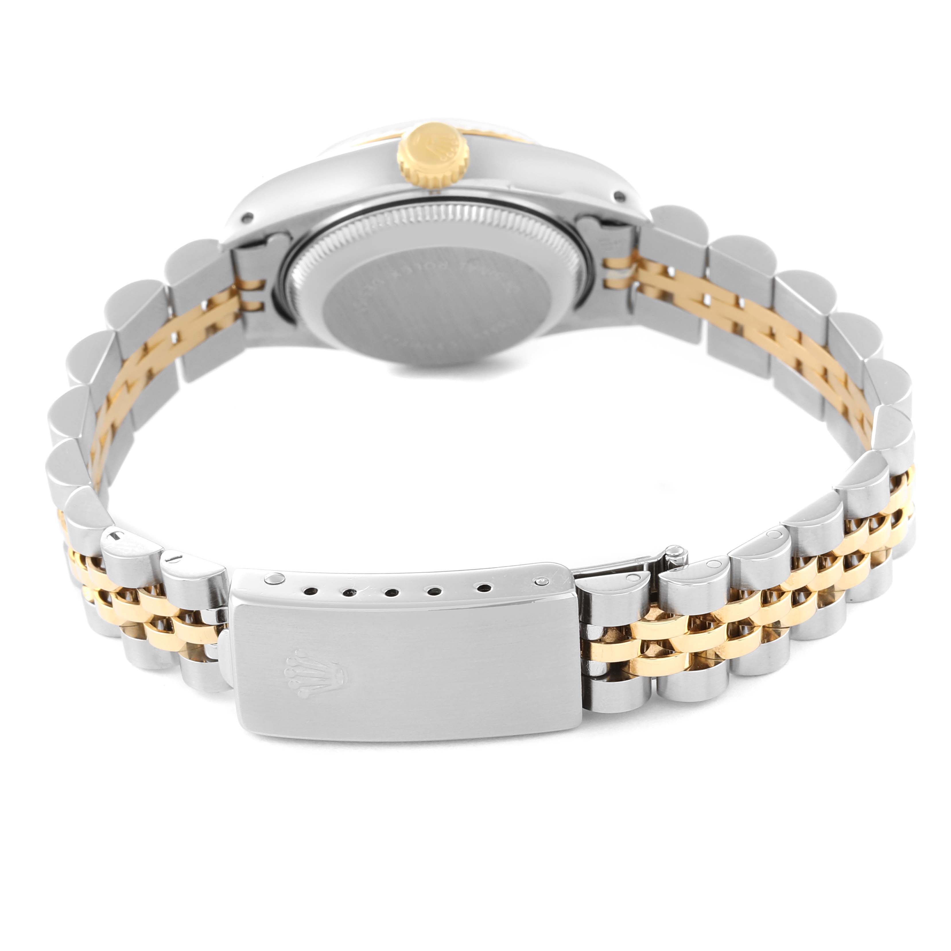 This image shows the back view of a Rolex Datejust 69173 Women
s Steel and Gold (two tone) Champagne Dial 69173 Women
s Steel and Gold (two tone) Champagne Dial watch, highlighting its clasp, bracelet, and case back.