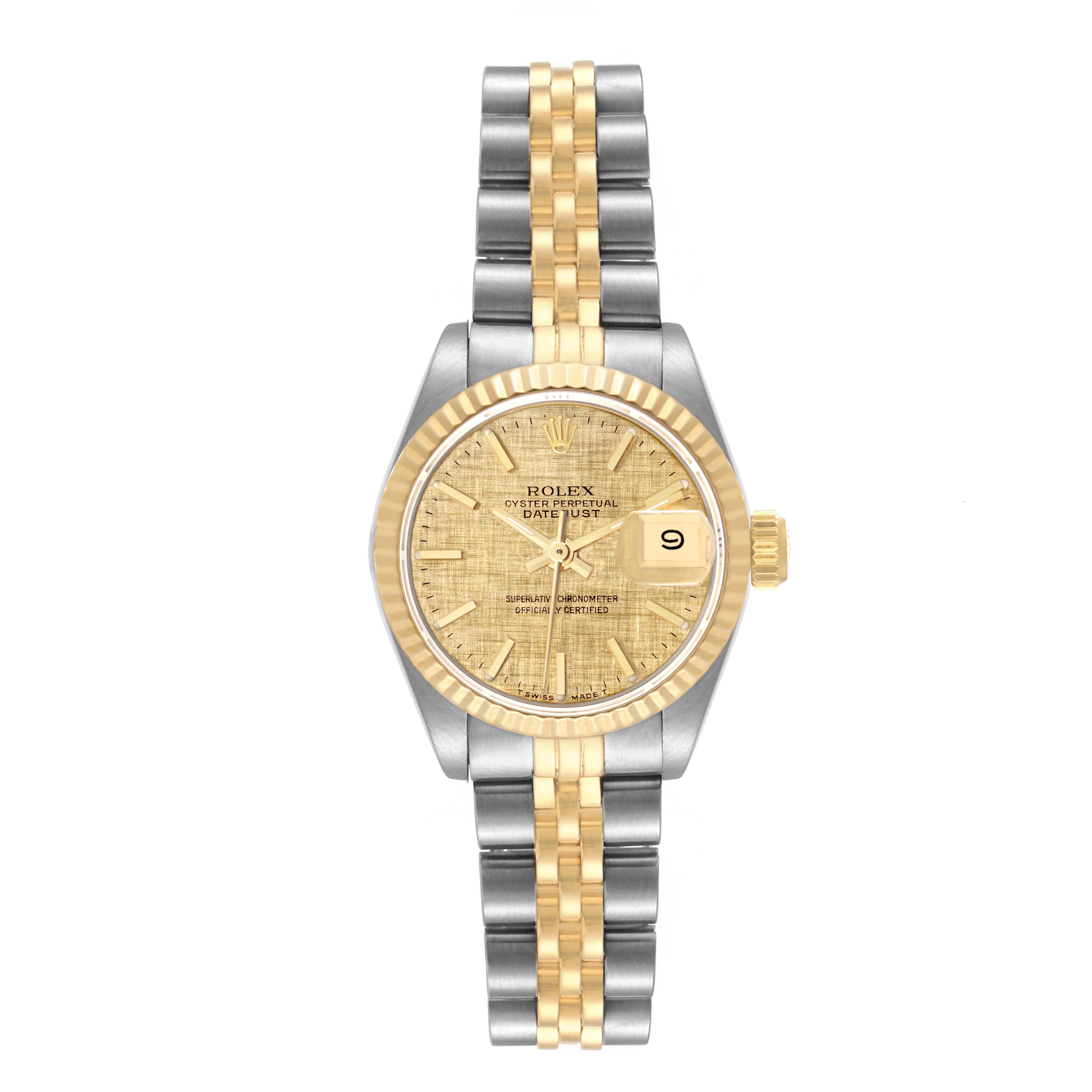 This image shows the Rolex Datejust 69173 Women
s Steel and Gold (two tone) Champagne Dial 69173 Women
s Steel and Gold (two tone) Champagne Dial watch from a top-down angle, featuring the face, bezel, and two-tone bracelet.