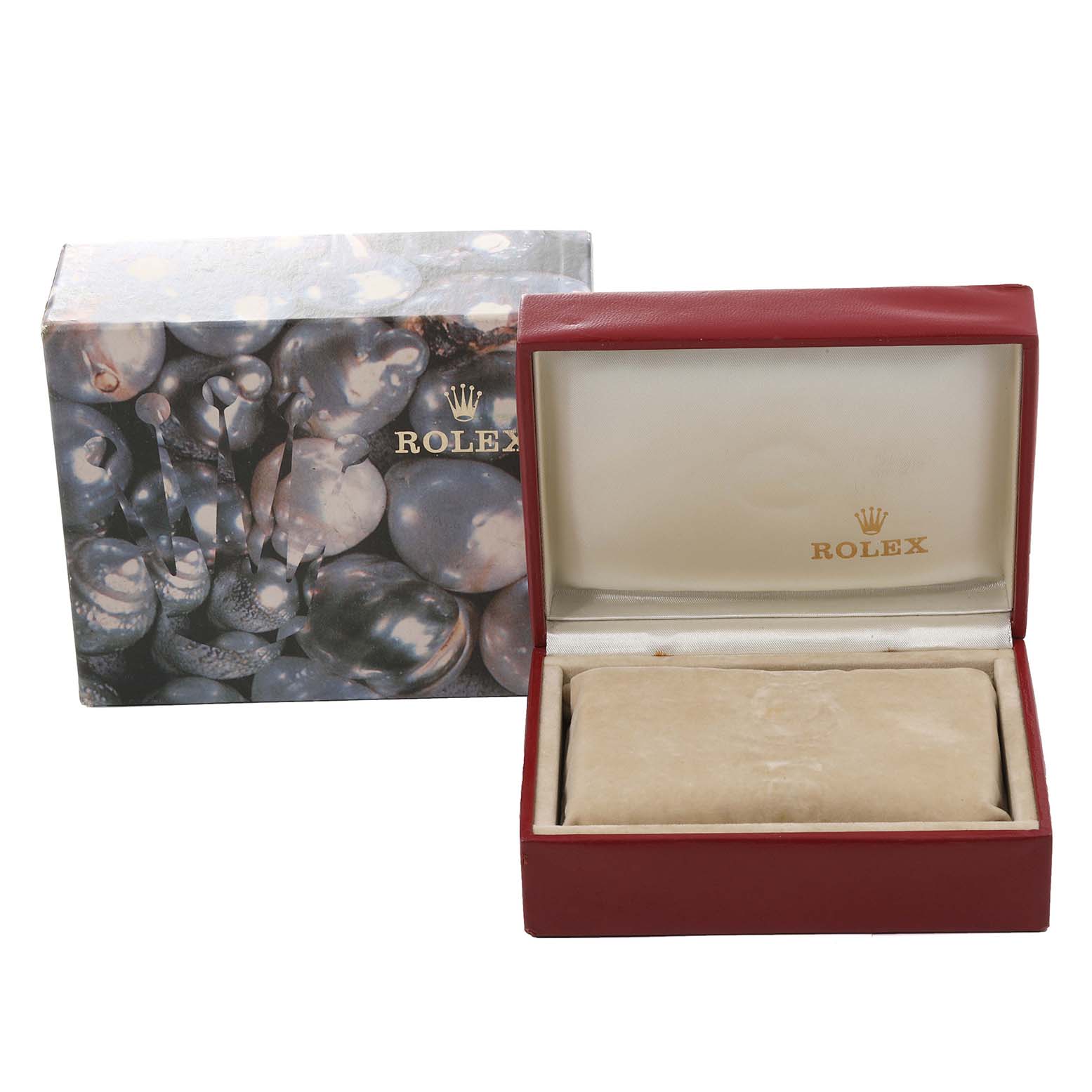 This image shows an open Rolex Datejust 69173 Women
s Steel and Gold (two tone) Champagne Dial 69173 Women
s Steel and Gold (two tone) Champagne Dial watch case and its outer box.