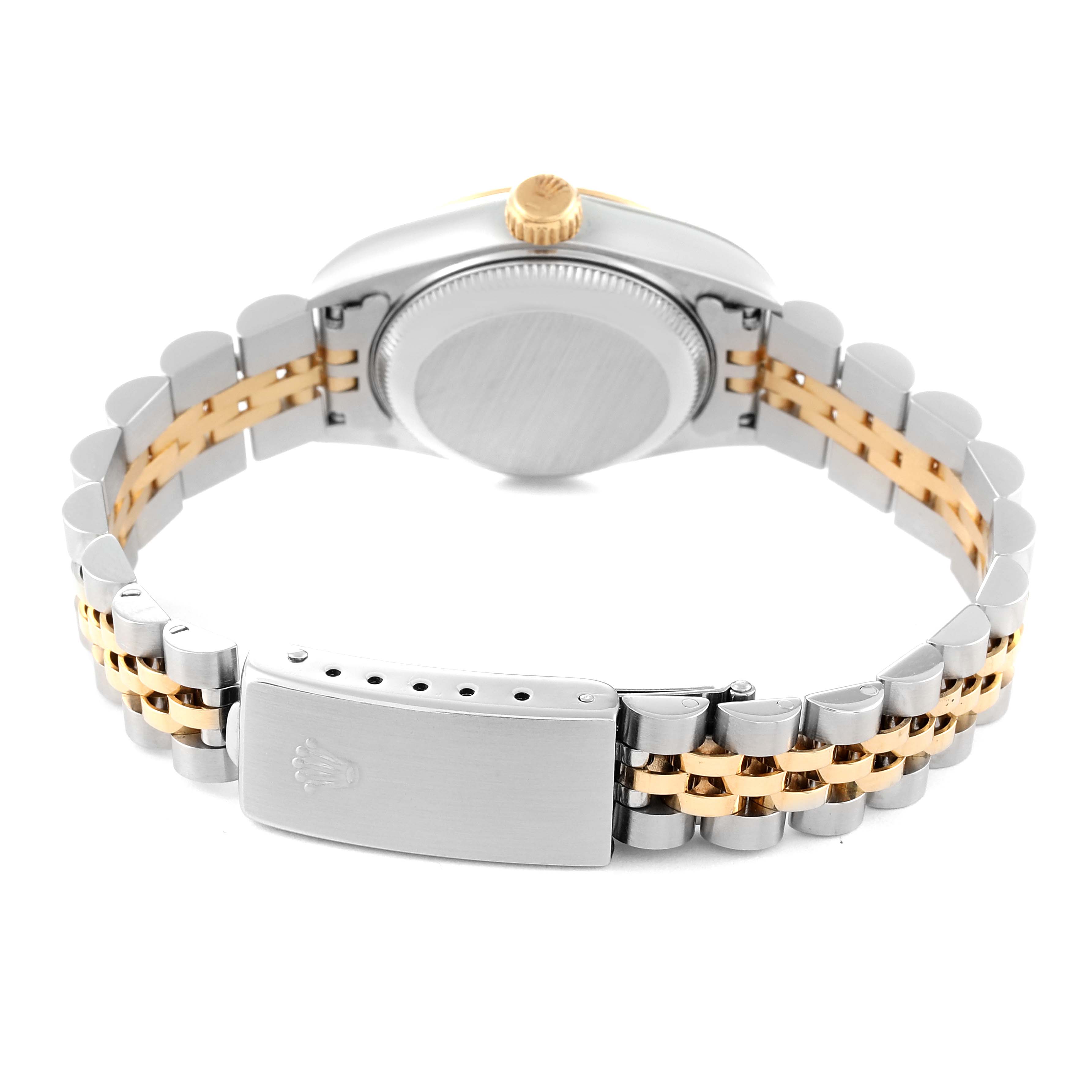 The image shows the back view of the Rolex Datejust 69173 Women's Steel and Gold (two tone) Champagne Dial 69173 Women's Steel and Gold (two tone) Champagne Dial watch, highlighting its two-tone bracelet and clasp.