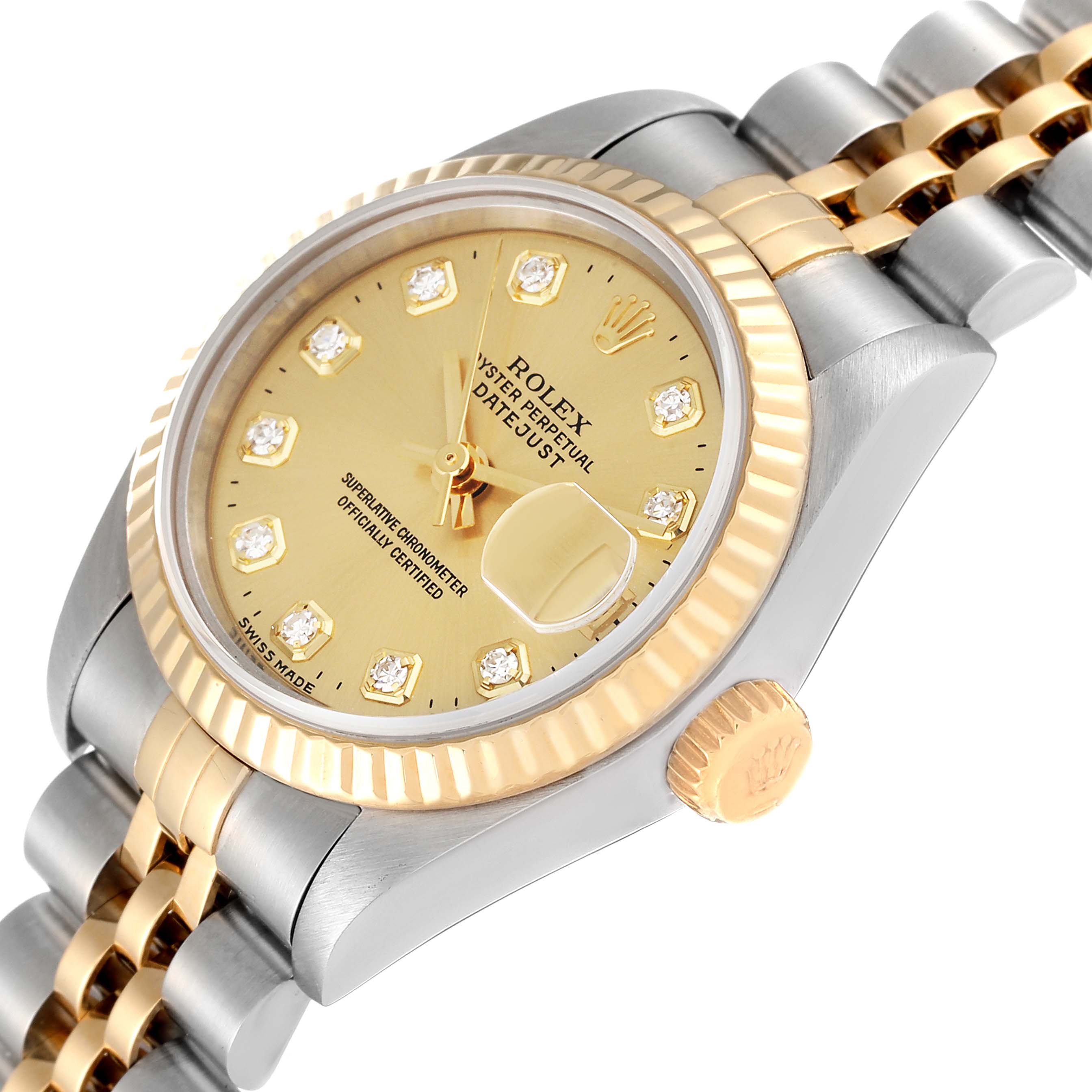The image shows a Rolex Datejust 69173 Women's Steel and Gold (two tone) Champagne Dial 69173 Women's Steel and Gold (two tone) Champagne Dial watch from an angled view, highlighting its gold dial, fluted bezel, and two-tone bracelet.