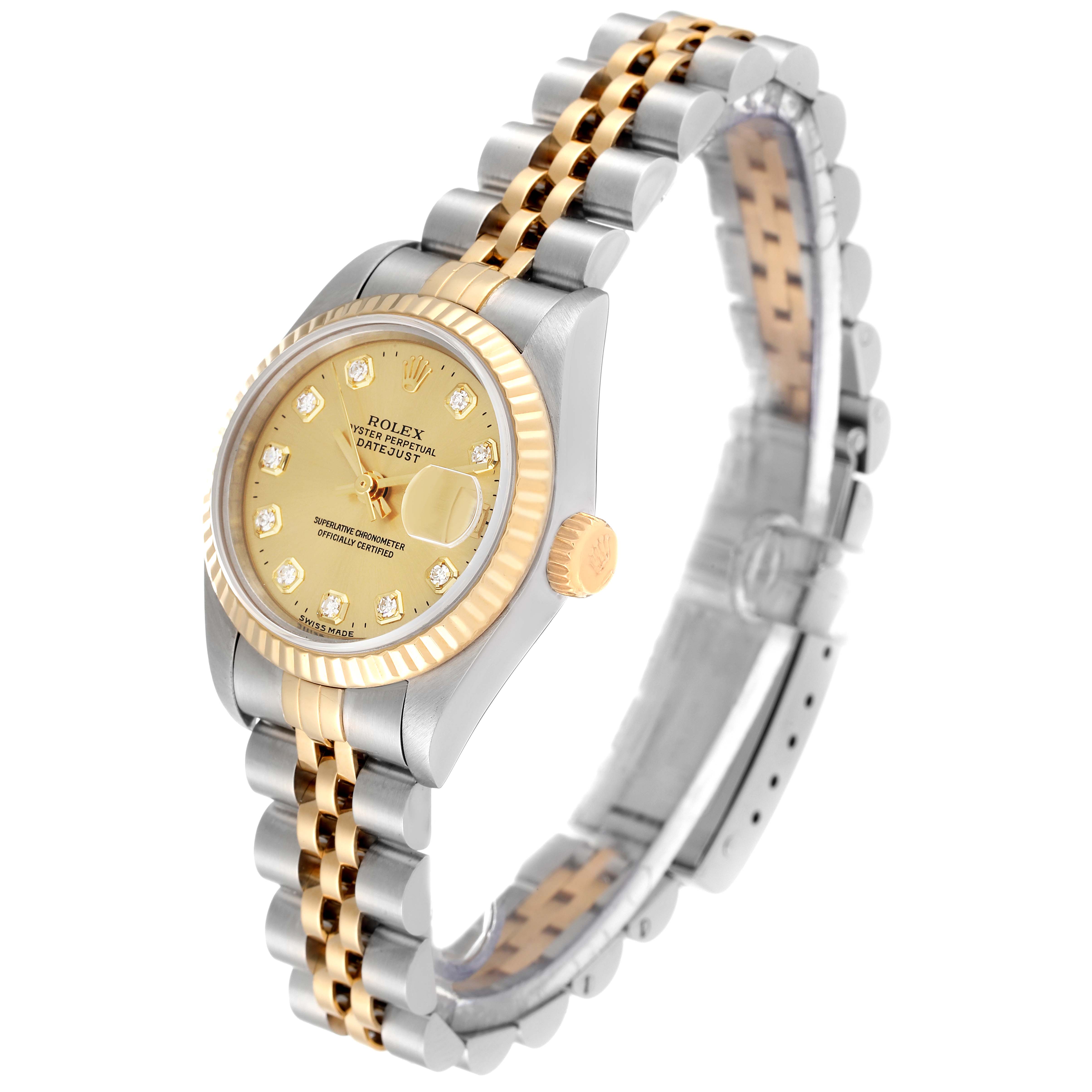This image shows a Rolex Datejust 69173 Women's Steel and Gold (two tone) Champagne Dial 69173 Women's Steel and Gold (two tone) Champagne Dial watch at a three-quarter angle, highlighting its two-tone bracelet, fluted bezel, and champagne dial.