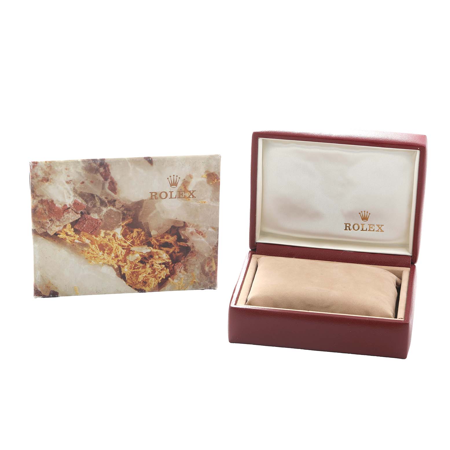 The image shows an open Rolex Datejust 69173 Women
s Steel and Gold (two tone) Champagne Dial watch box and a booklet, both featuring the brand logo.