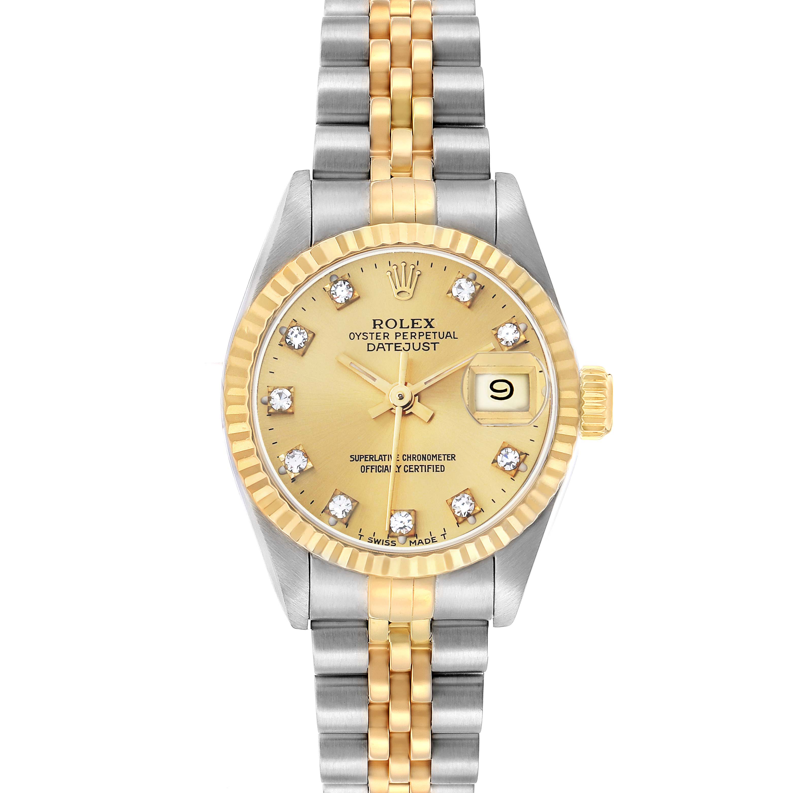 The Rolex Datejust 69173 Women
s Steel and Gold (two tone) Champagne Dial watch is shown from a top-down angle, highlighting its gold and silver bracelet, gold dial, and fluted bezel.