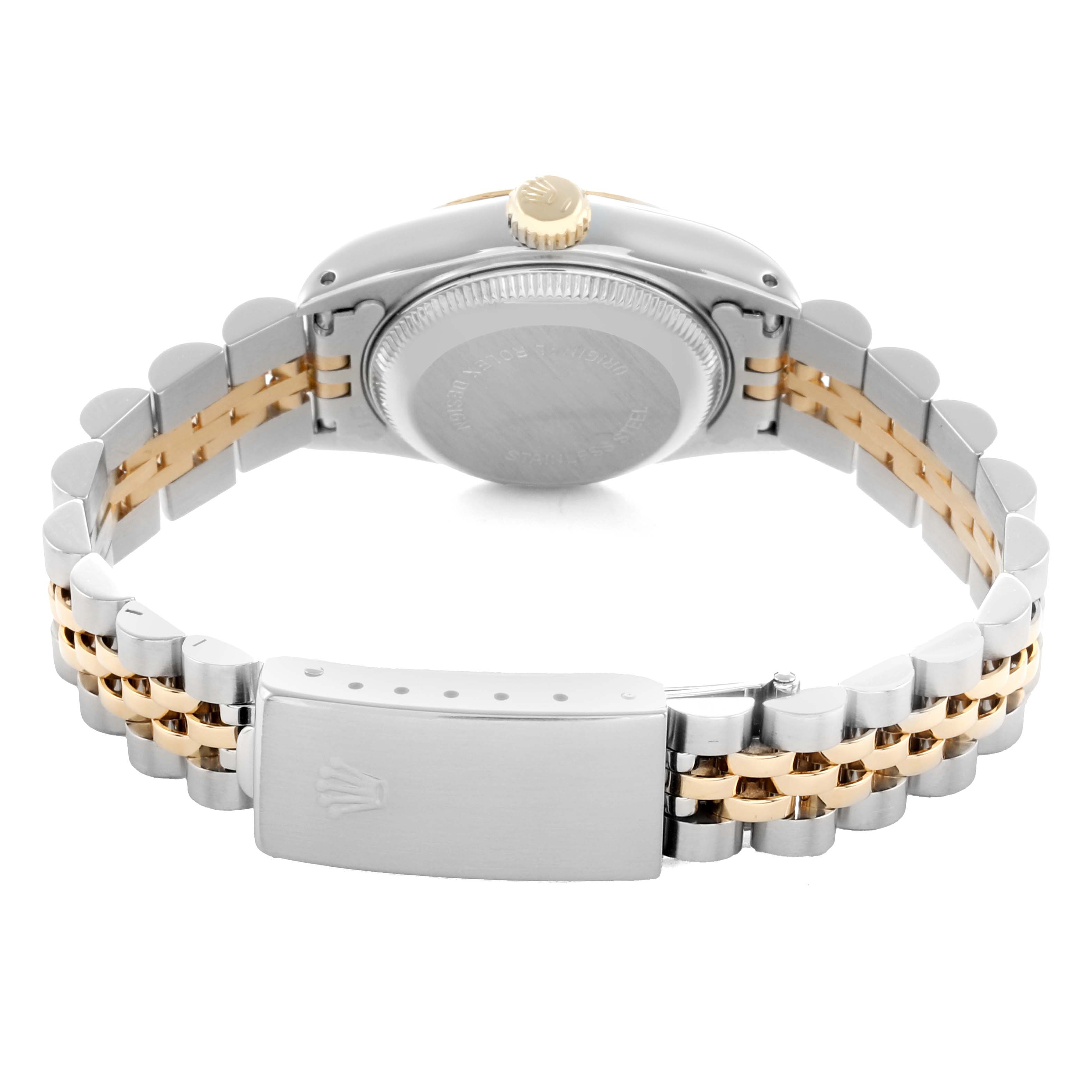 The image shows the back view of a Rolex Datejust 69173 Women
s Steel and Gold (two tone) Champagne Dial watch, highlighting the case back and the two-tone Jubilee bracelet with the clasp.