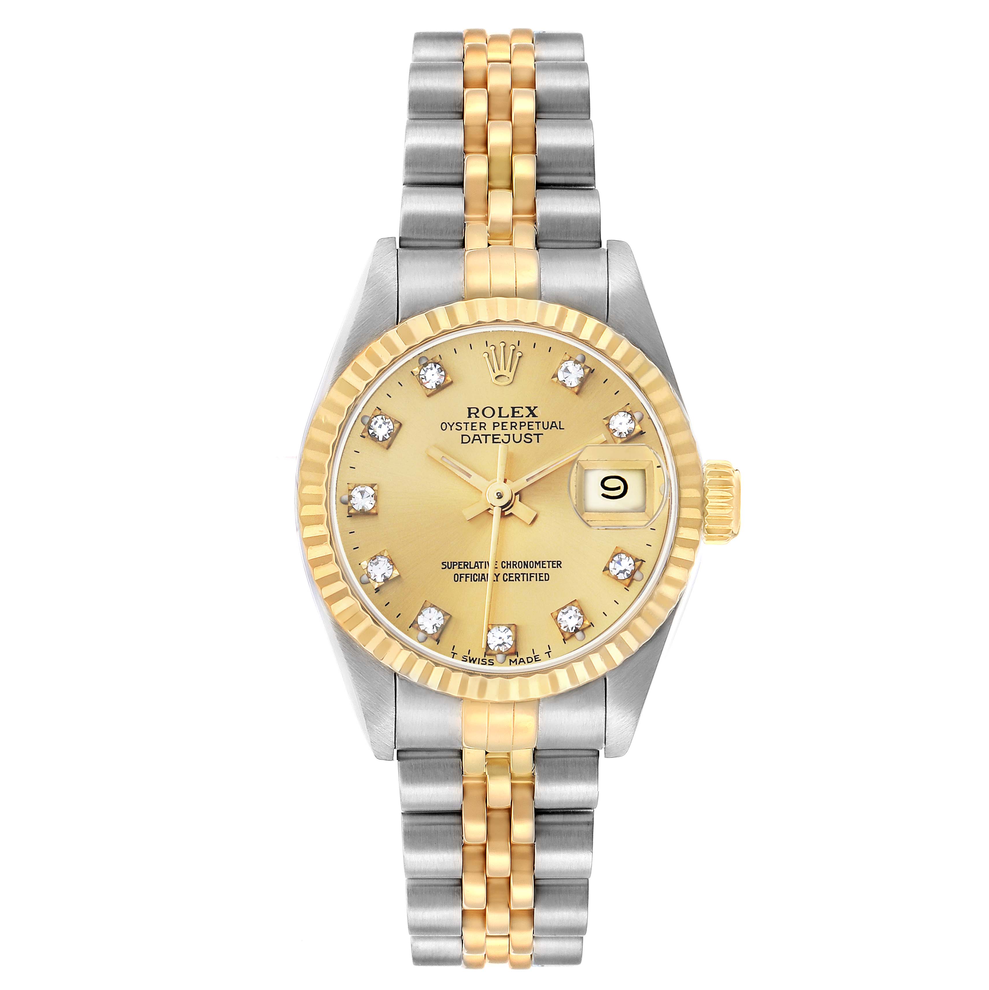 The Rolex Datejust 69173 Women
s Steel and Gold (two tone) Champagne Dial watch is shown from a top-down angle, displaying the dial, bezel, bracelet, and date window.