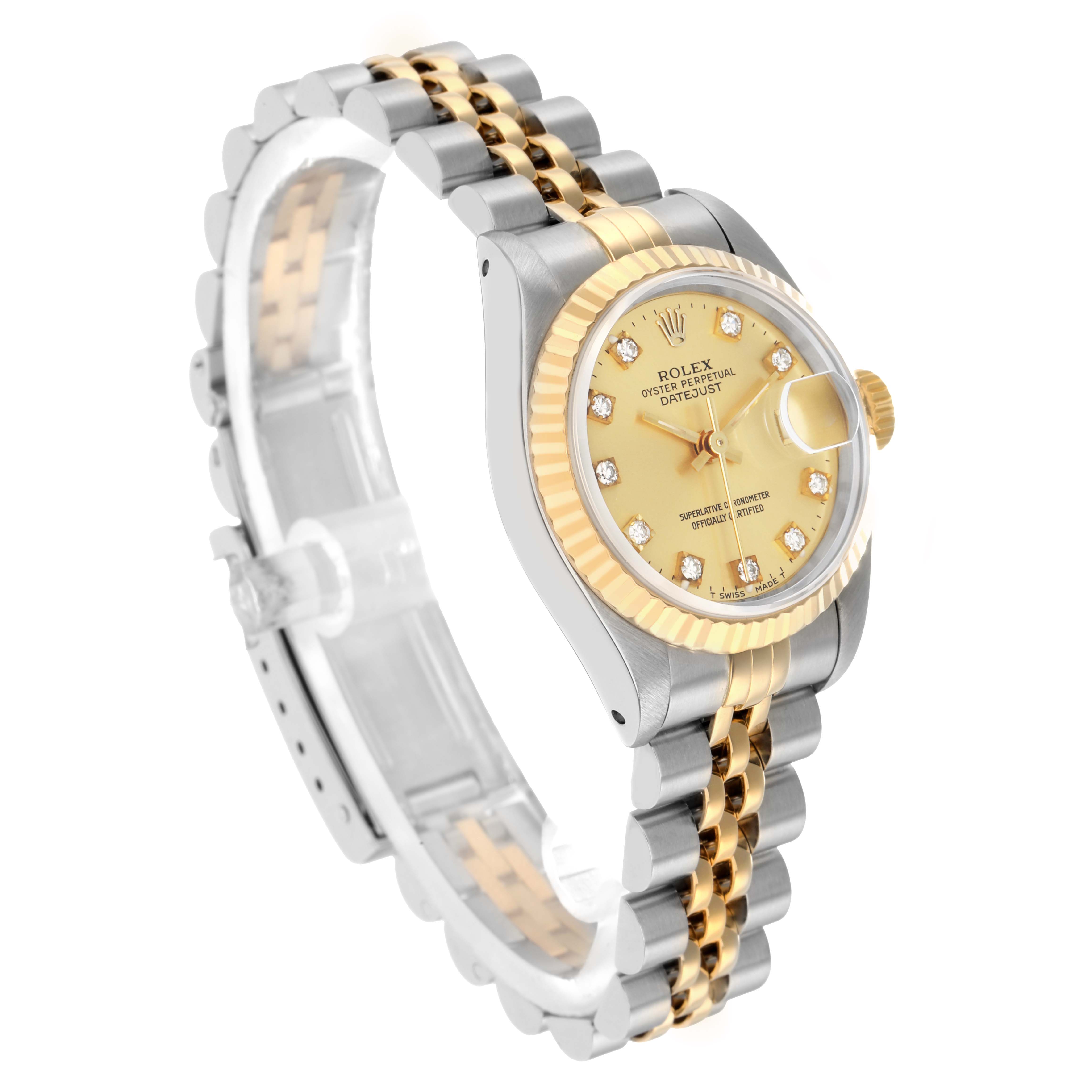 The Rolex Datejust 69173 Women
s Steel and Gold (two tone) Champagne Dial watch is shown at a three-quarter angle, highlighting the gold bezel, dial, and two-tone bracelet.